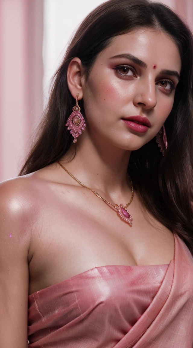 Wearing Pink Saree, (RAW photo, realism: 1.8), (very dark pink lip gloss, jet pink lipstick, realistic eyelashes, dark brown eye shadow, shy, blushing, high quality, high resolution, depth of field, chromatic aberration, caustic, wide light, natural colors, 30 year old woman), necklaces, chokers, earrings, bracelets, wear delicate accessories, soft skin, fair pink skin, small breasts size, oily shine skin, slime nose soft skin, wears small golden nose pin,
