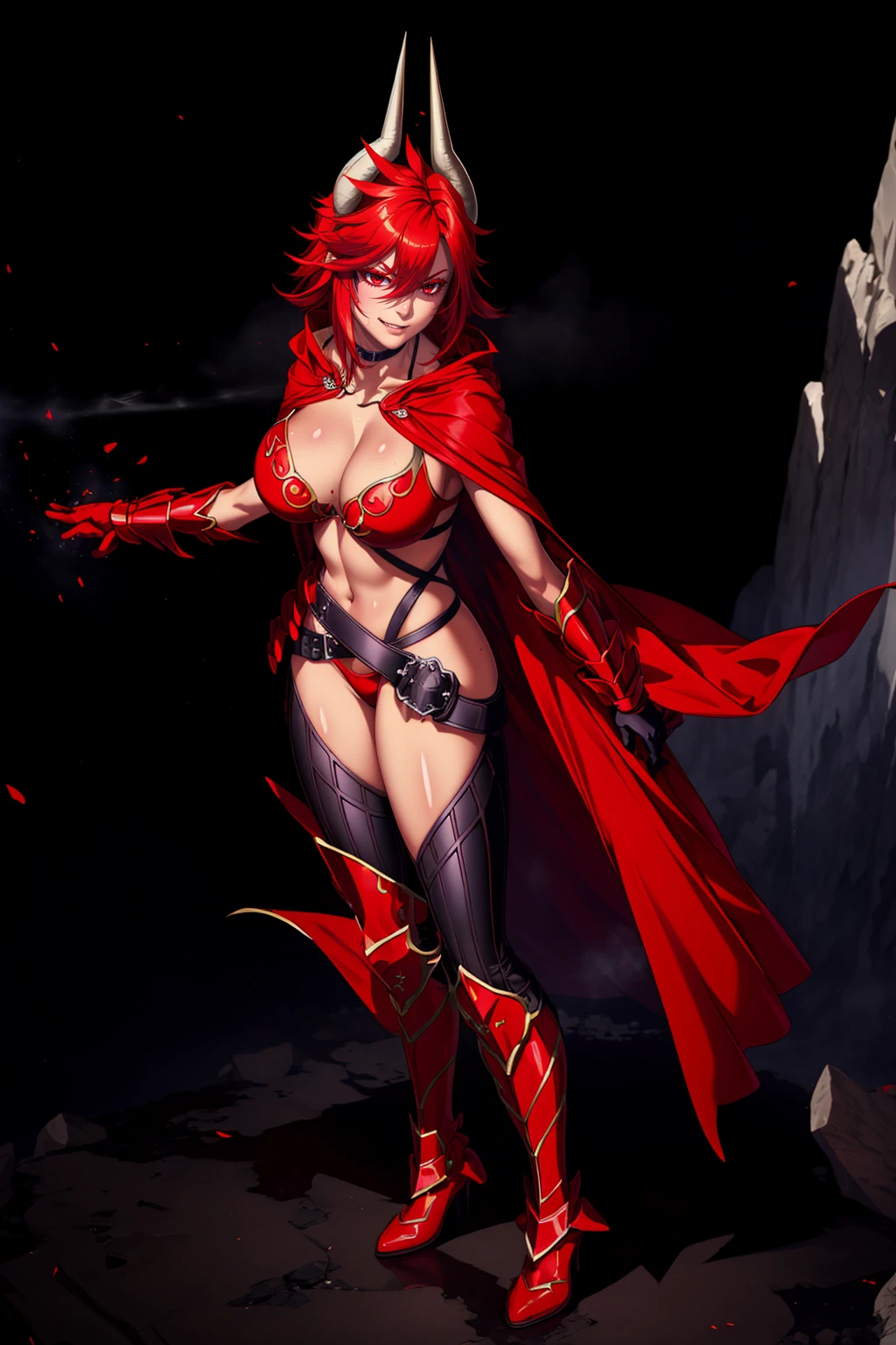 (masterpiece, best quality:1.2), 1girl, satanx, dramatic lighting, god rays, dark, smoke, mist, fog, fantasy landscape, (embers), magma, light particles, breasts, red bikini armor, red cape,annoyed, soft particles 1nf3rnalAI, standing, full body, boots,,smile, happy, standing,full body