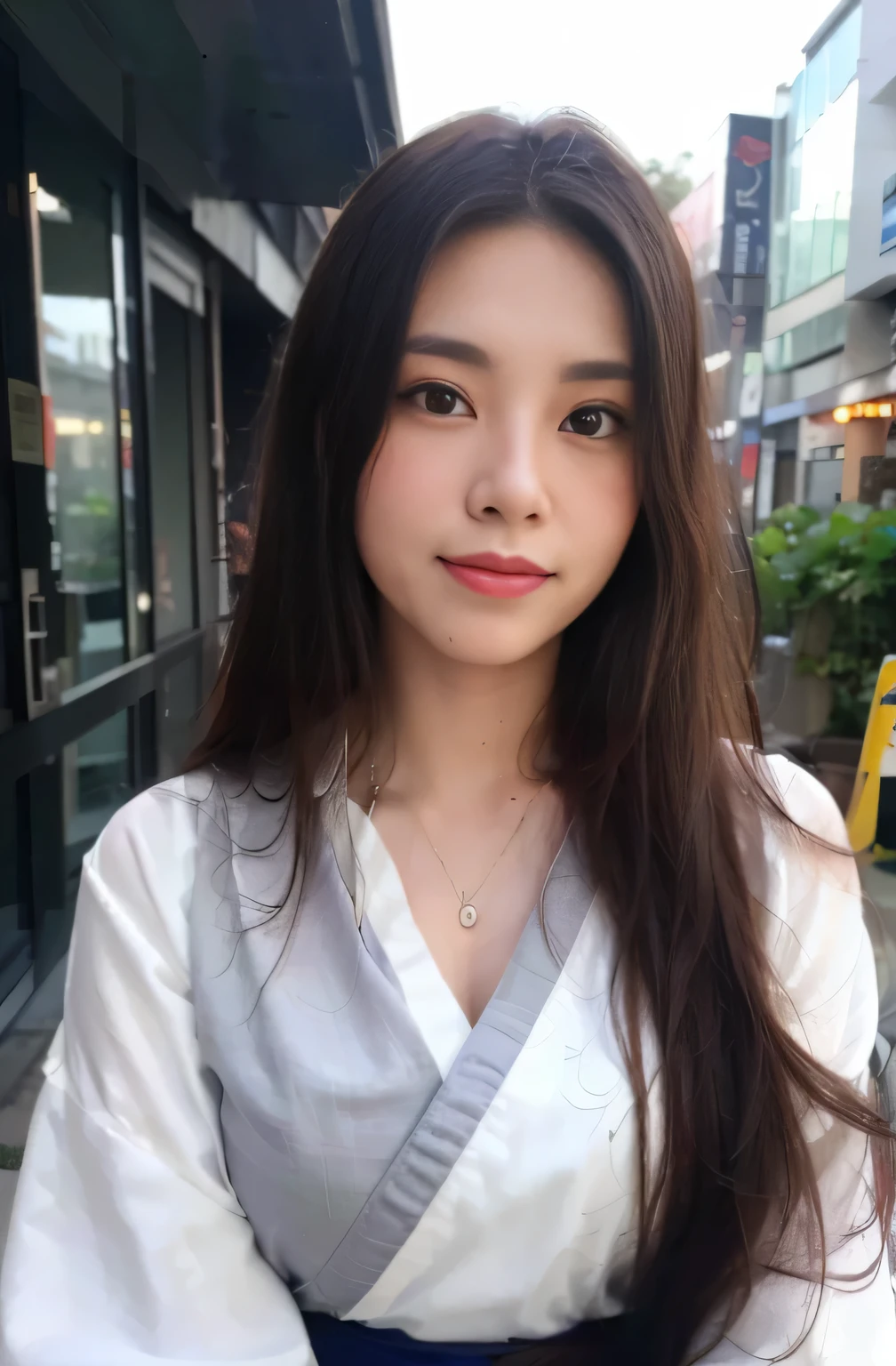 (8k, RAW photo, best quality, mastery:1.3), (realistic, photo-realistic:1.37), (looking viewer:1.331), (long auburn hair), posing, Tokyo street, nightcityscape, cyberpunk city, soft light, 1girl, extremely beautiful face , Perfect body proportions, (small face: 1.1), bust, casual hairstyle, smile, big eyes, (slip kimono), mix4, detailed eyes