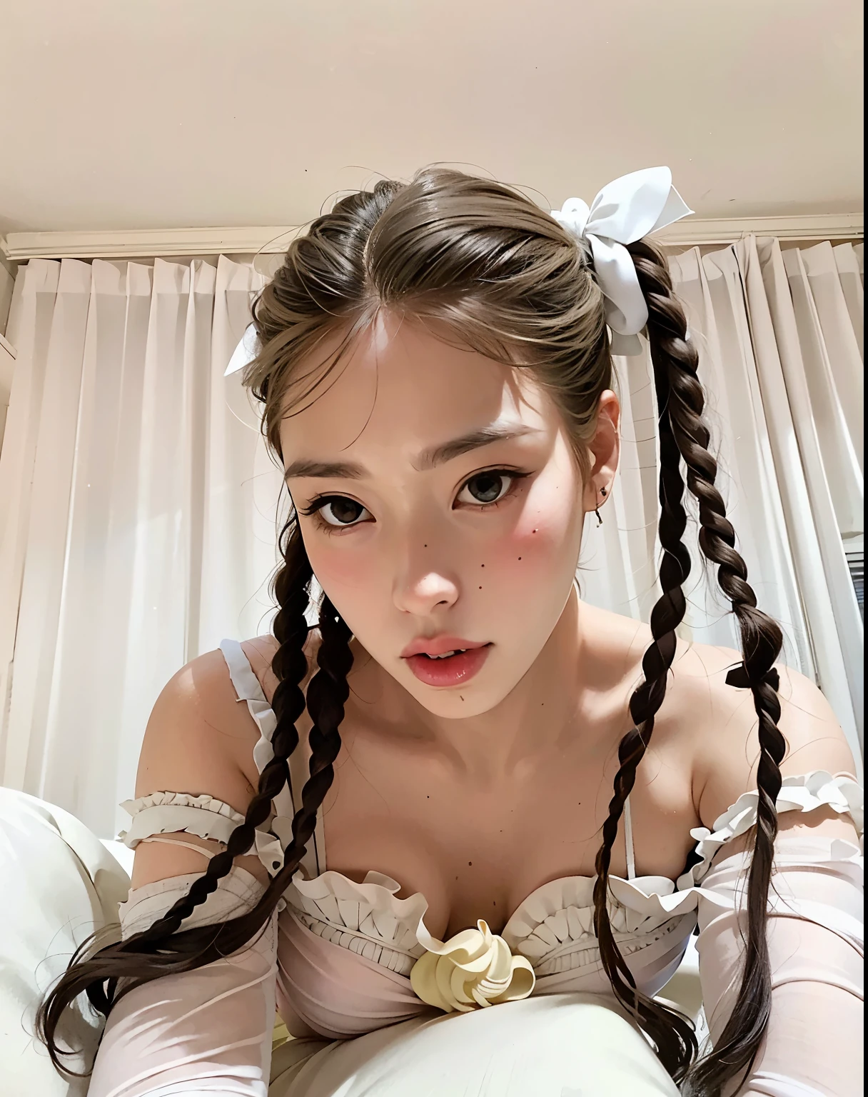 Blonde haired girl with a pink bow and headband posing for a photo, linda Delphine, branco hime corte penteado, Branch Range, Fairycore, longos cabelos brancos e franja, pale porcelain white skin, her hair is white, cabelo whitebangs cabelo, pale hair,  perfeita de cabelos brancos, extremely pale blond hair, kawaii aesthetic, Estilo Lolitaory pale skin