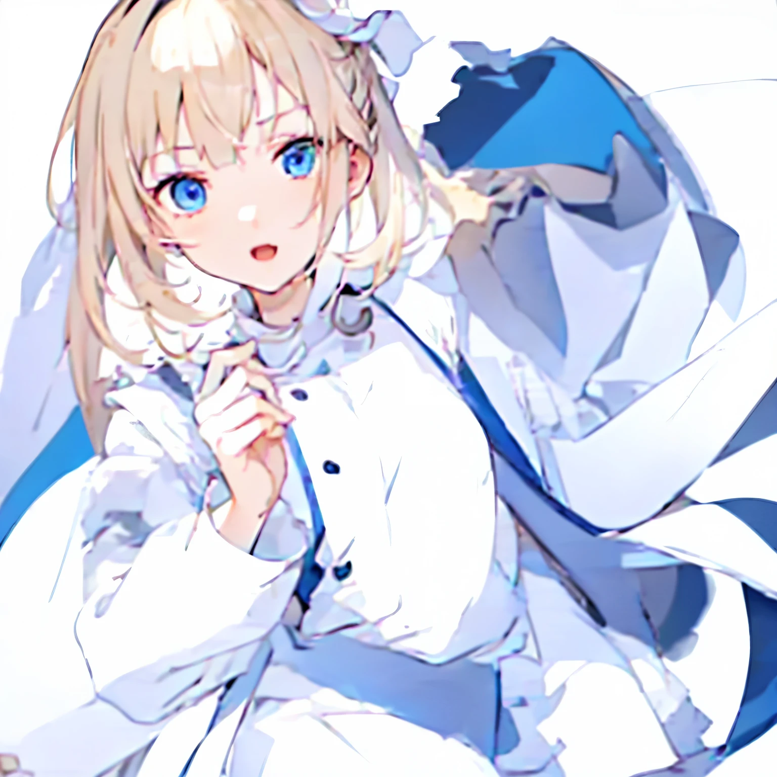 【Highest Quality, masutepiece】  [(1girl:1.5), expressioness, (blonde hair:1.5), long hair,Blue dress, (blue eyes:1.3), white legwear, apron, hairband ribbon, slender beauty, short stature ,shoes, short sleeves, saucer, black footwear, Upper body] (Gray white background:1.7), smile