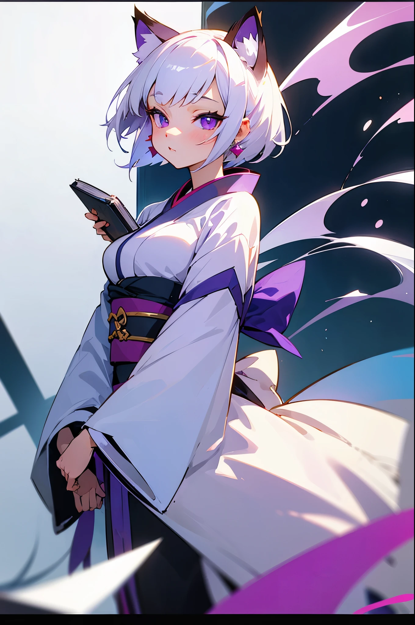 pointed cat ears,White hair,kimono,swollen breasts,kawaii,a beauty girl,a beauty girl,Purple eyes,blue earrings,Have a book,Short Bob