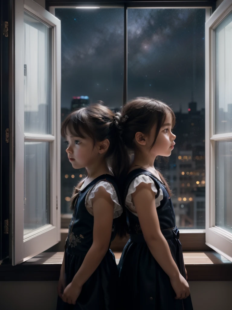 two little girls in a room standing near a window, soft light, starry sky through the window, city night lights background, (best quality, 4k, 8k, high resolution, masterpiece: 1.2), ultra detailed, realistic: 1.37 , HDR, UHD , studio lighting, ultra fine painting, sharp focus, physics-based rendering, two little girls in one room, extreme detail description, professional, vivid colors, bokeh, fantasy portrait, Maximum image quality, Hyperrealistic (8k), ultra-realistic, best quality, high quality, high definition