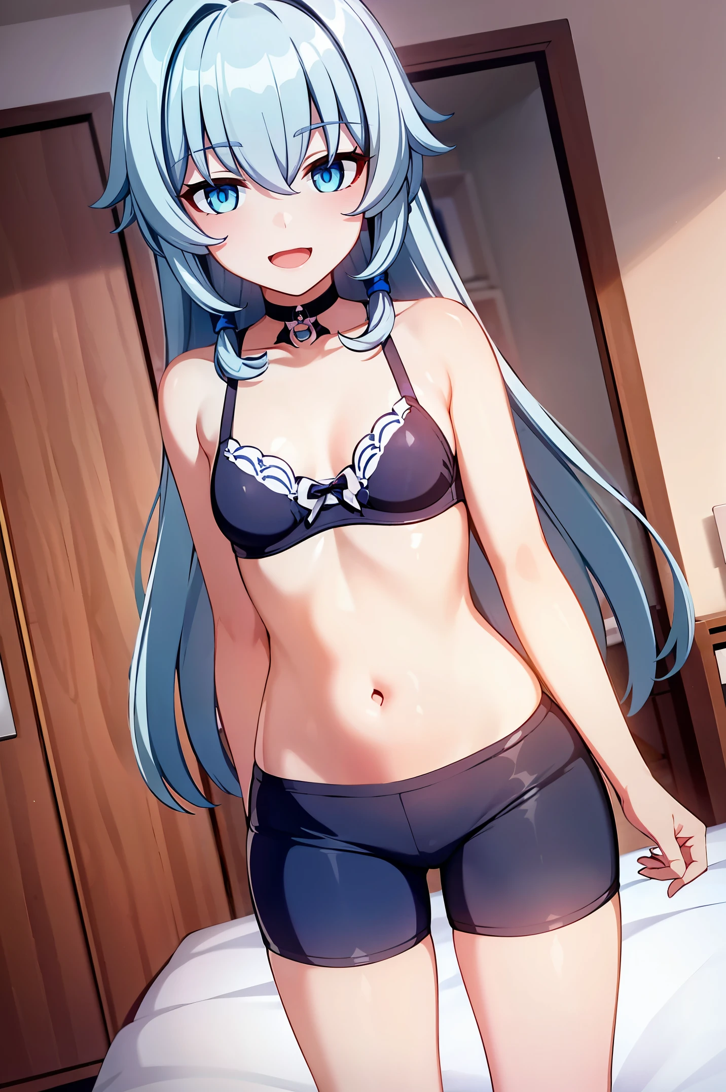 1 girl, best quality, ultra high res, long hair, blue hair, blue eyes, shigure kira, looking at viewers, small breast, standing, pov, slim body, loli body, small body, short body, smile, open mouth, white bra, black bike shorts, bedroom, white bed sheets,