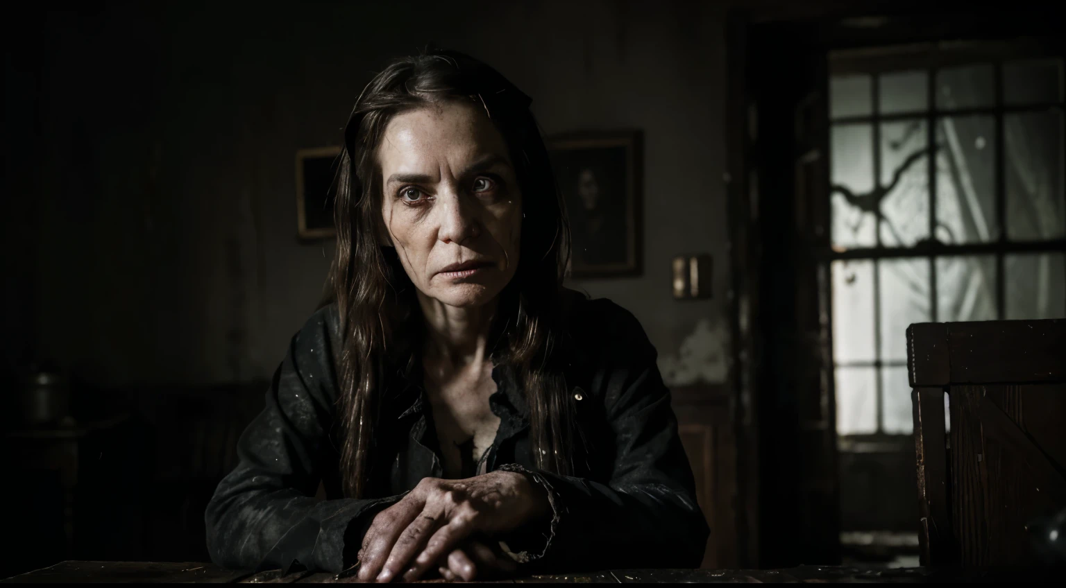 (highres,masterpiece:1.2),extremely detailed face,horror,old woman,wrinkled face,deep-set eyes,gaping mouth,bloodshot eyes,creepy smile,dark circles under eyes,crooked nose,long unkempt hair,dark shadows,deteriorating skin,ragged clothing,hauntingly pale complexion,age spots,decaying teeth,bony fingers,sharp nails,crooked posture,menacing presence,ominous atmosphere,abandoned house,dusty surroundings,low lighting,shadowy figure,ghastly appearance,terrifying expression,evil aura,spooky ambiance,witch-like features