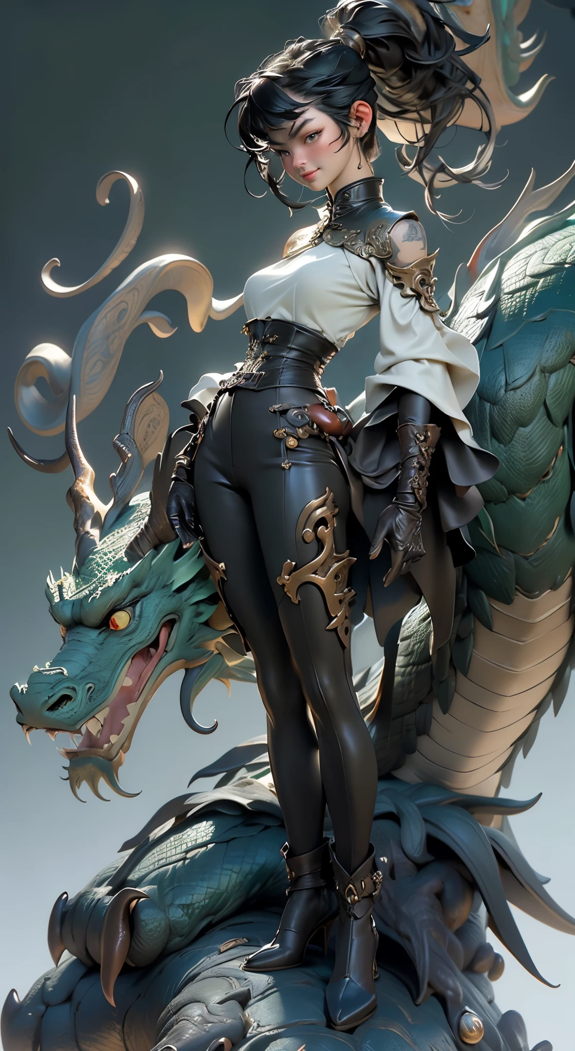 Man and Dragon，(1 Chinese Shenlong)，(1girll，Mature beautiful girl，Nice face)，Fairy style，Realistic and realistic，Detailed depiction of the texture of the dragon's body and claws，(A girl riding on the back of a dragon)，Dragon Flying，腾云驾雾，