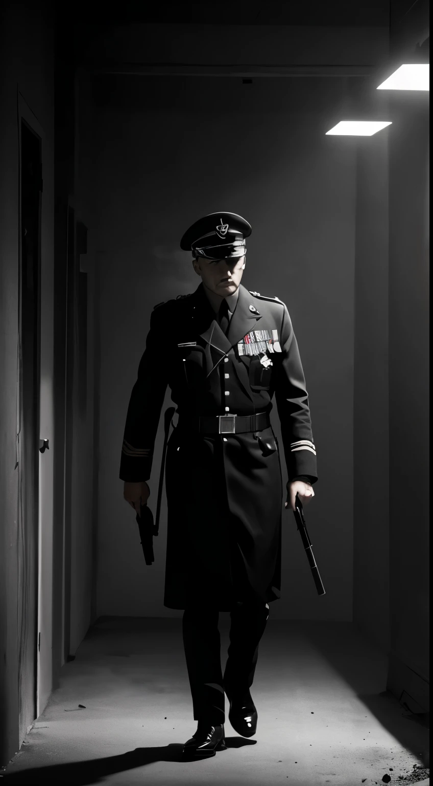 (best quality, 4k, 8k, high resolution, masterpiece: 1.2), ultra detailed, realistic: 1.37, WWII German officer, ((man)), officer uniform, (( Nazi officer uniform)) detailed buttons and badges, dark hallway, dim lighting, shadows, dramatic atmosphere, concrete walls, echoing footsteps, boots clicking on the floor, suspense, tense mood, smoke in the air, dust particles floating, smoke cigarette, single light source, narrow space, perspective leading into the distance, cinematic, black and white, war photography, film noir inspired, monochrome and minimalist color palette