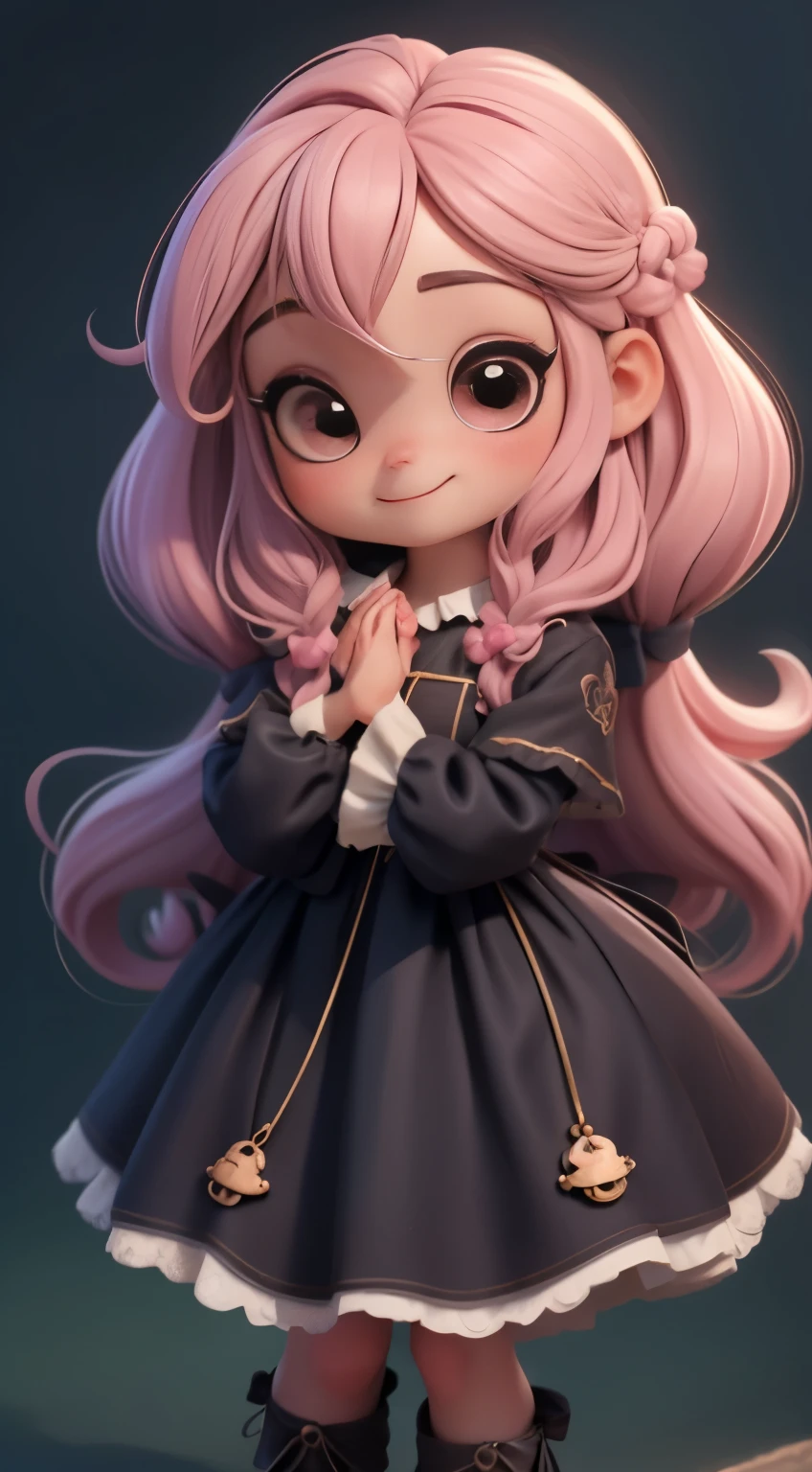 Create an 8K version of the Gothic Circus character. Boneca Chibi circu de soleil : Gothic It should look charming and beautiful, Keep the iconic elements of the original character. Circus of Soleil should have a round face with large dimensions, olhos claros, long eyelashes and rosy cheeks. Seu cabelo deve ser longo e tons preto de cor escuro. Vestido bonito: Vestir chibi em um vestido bonito e elegante em tons de marrom e rosa . O vestido pode ter babados, renda & detalhes feitos de doces, A reference to the circus theme . Add loops or ribbons, Para dar um toque de delicadeza. avental & Arco com doces: Adicione um avental marrom sobre o vestido de Chibi, It is tied at the waist with a thin bow. O avental pode ter pequenos detalhes, como bolsos ou bordados finos. Meias e sapatos bonitos: Complete o look chibi de circo com meias listradas rosa e brancas ou detalhes divertidos. standingn, Coloque sapatos de boneca bonitos, com gravatas ou fivelas. Magic Accessories: Add charming accessories to the pink fairy chibi , como um cupcake no cabelo ou uma tiara com detalhes extravagantes . You can also get your hands on beautiful themed accessories. Certifique-se de adicionar sombras, texturas e detalhes nos cabelos, Chibi Nostálgico circu de soleil outfits & Accessories, to make it even more charming and charming. Give him a smiling expression and a sweet smile on his face, Capturing the essence of the character in a subtle way, lovely hands, Skull Hands.