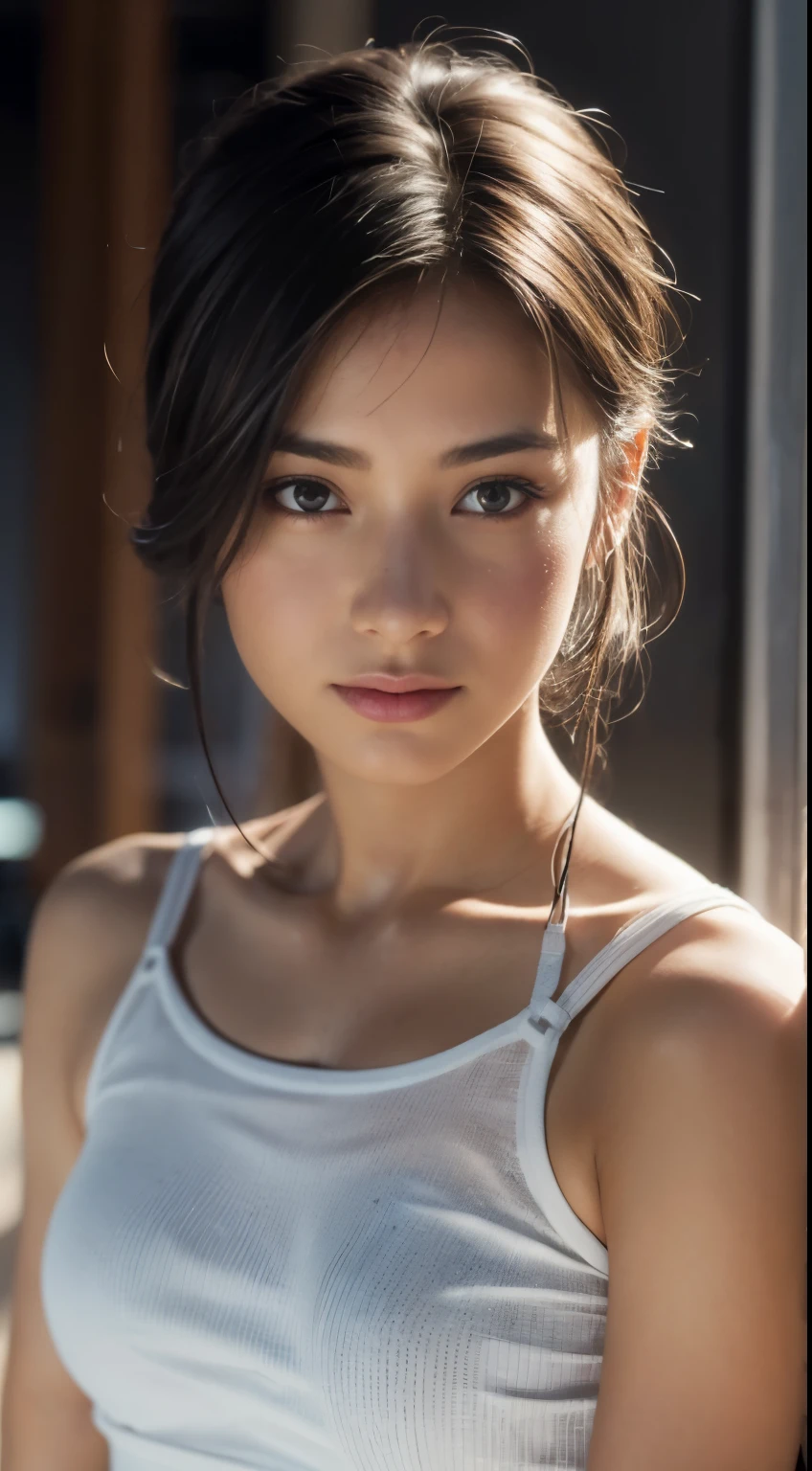 dressed, (photo realistic:1.4), (hyper realistic:1.4), (realistic:1.3), (smoother lighting:1.05), (increase cinematic lighting quality:0.9), 32K, 1girl,20yo girl, realistic lighting, backlighting, light on face, ray trace, (brightening light:1.2), (Increase quality:1.4), (best quality real texture skin:1.4), finely detailed eyes, finely detailed face, finely quality eyes, (tired and sleepy and satisfied:0.0), face closeup, white loose tank top , (((black under strap))) (Increase body line mood:1.1), (Increase skin texture beauty:1.1)