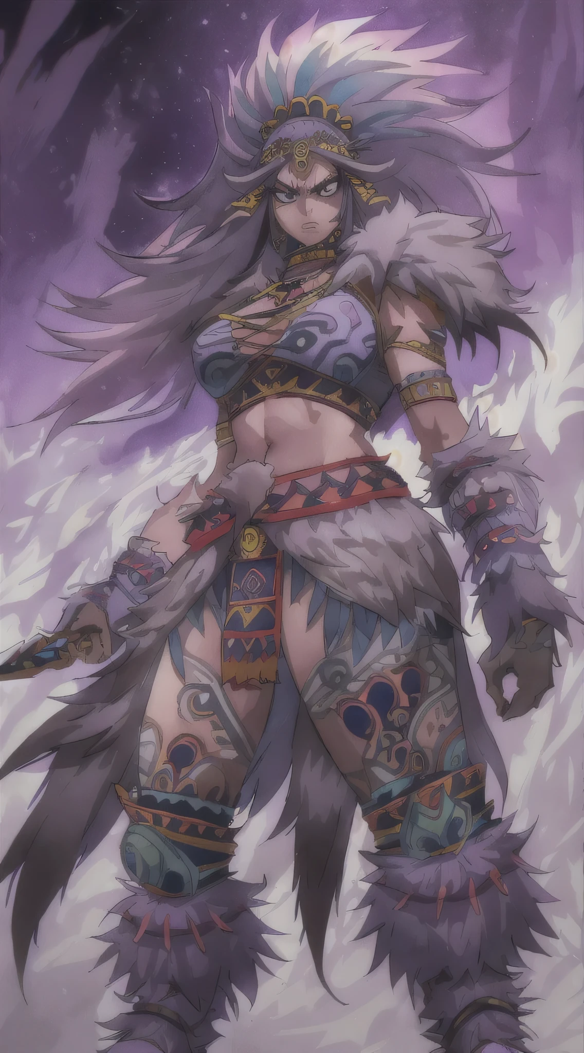 huge sexy yeti female warrior, wanostyle, angry looking, looking at viewer, solo, full body, (((masterpiece))), ((best quality)), (extremely detailed), watercolor, illustration, depth of field, sketch, dark intense shadows, sharp focus, soft lighting, hdr, colorful, good composition, fire all around, spectacular, tribal armor, anime screencap
