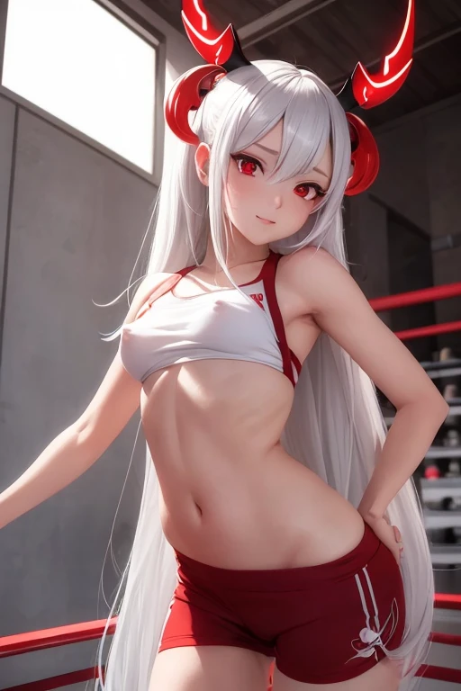(best quality:1.2), (masterpiece:1.2), detailed, perfect face, anime, Woman, white hair, small red horns, red eyes, wearing a red top and gym shorts (NSFW), vibrant colors, soft lighting, painterly style, dynamic pose