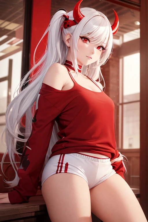 dual horsetail,long white hair,red color eyes,Wear a top,bare-legged,teens girl