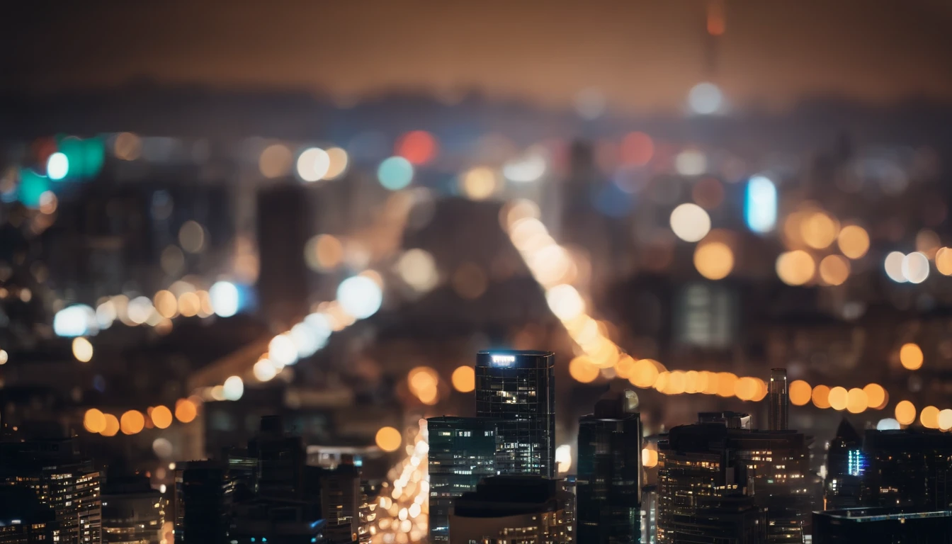 a nighttime shot of a bokeh cityscape background, with vibrant circle lights creating a captivating and dreamy atmosphere, showcasing the energy and excitement of city life