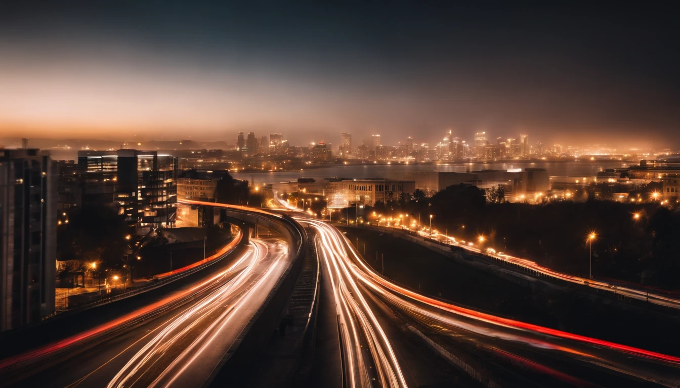 a long exposure shot of a bokeh cityscape background, with circle lights streaking across the frame, creating a beautiful and mesmerizing light trail effect, adding a sense of movement and energy to the design