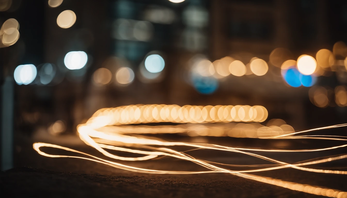 a long exposure shot of a bokeh cityscape background, with circle lights streaking across the frame, creating a beautiful and mesmerizing light trail effect, adding a sense of movement and energy to the design