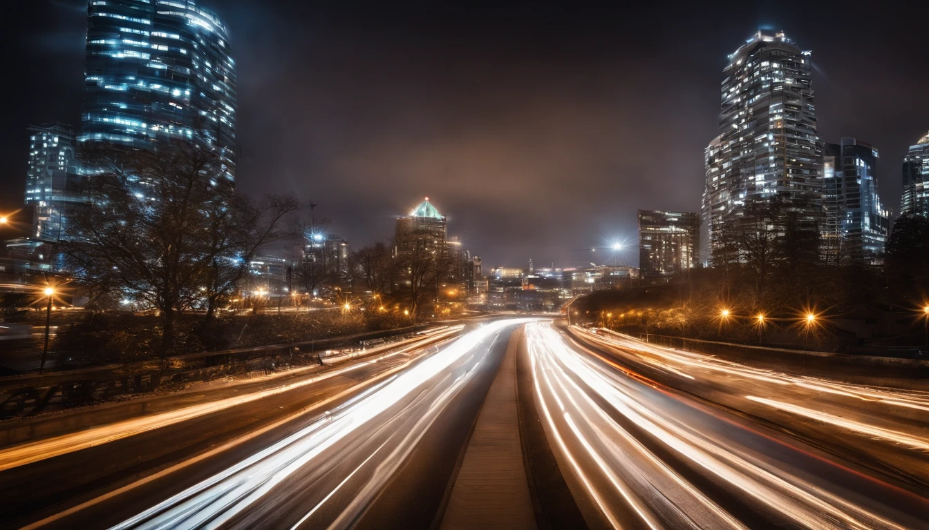 a long exposure shot of a bokeh cityscape background, with circle lights streaking across the frame, creating a beautiful and mesmerizing light trail effect, adding a sense of movement and energy to the design