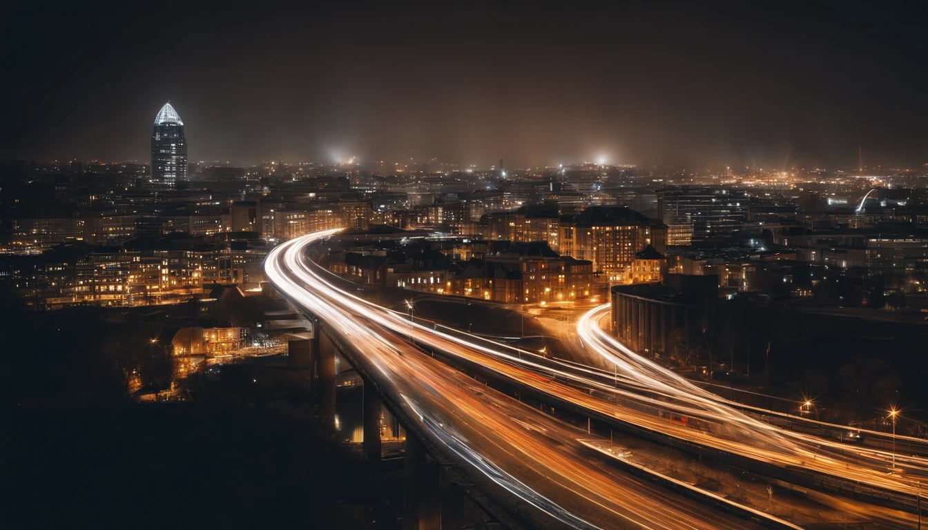 a long exposure shot of a bokeh cityscape background, with circle lights streaking across the frame, creating a beautiful and mesmerizing light trail effect, adding a sense of movement and energy to the design