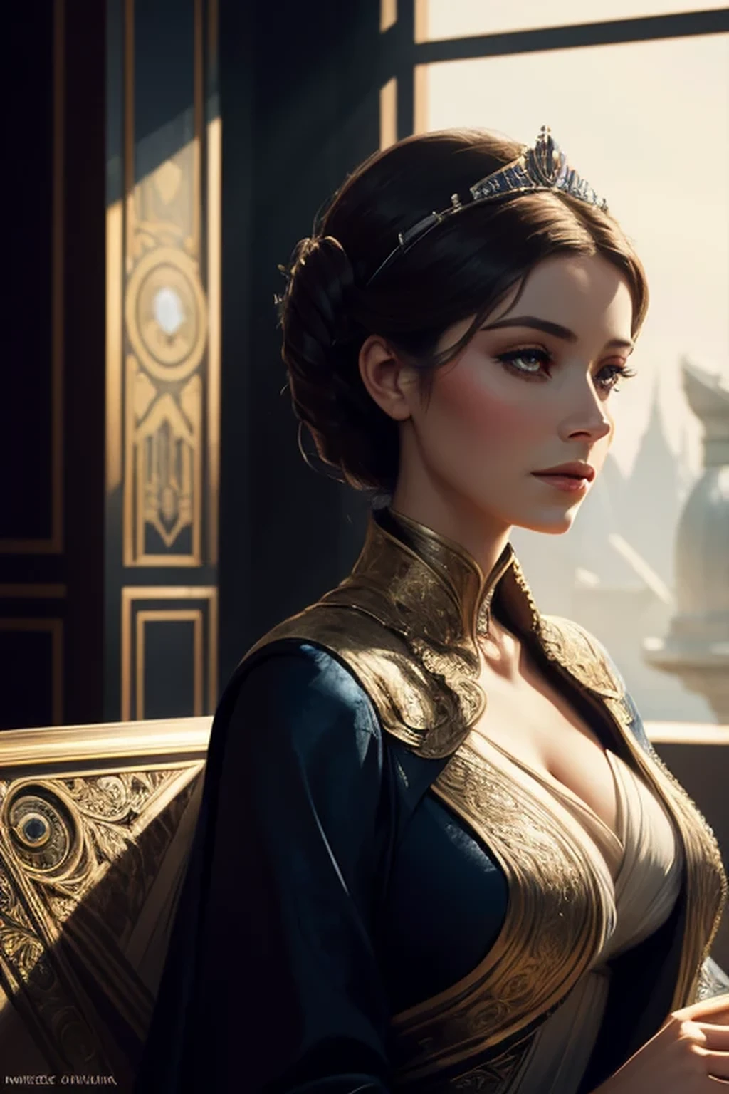 Dame Isadora Vellusia, un Diplomate renommé dans l'univers Star Wars, Isadora est connue pour sa beauté exquise et son influence politique. élégant, séductrice, Regarder la caméra. Très détaillé, peinture numérique, ArtStation, Art conceptuel, lisse, mise au point nette, illustration, Illustration par Wlop, Charlie Bowater et Alexandra Fomina.