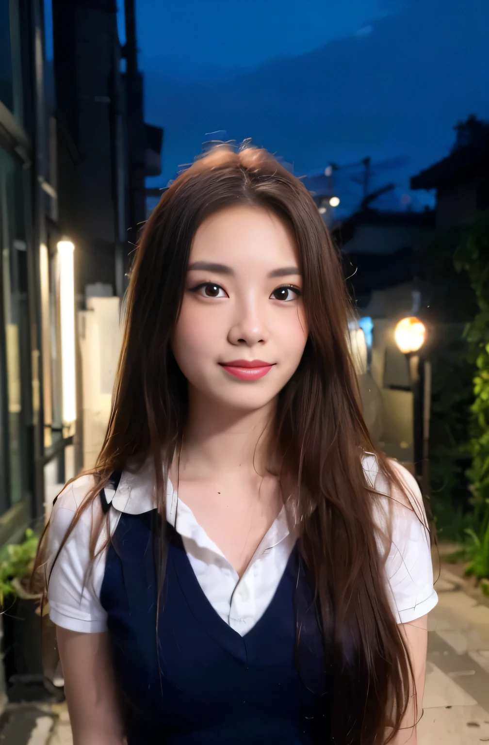 (8k, RAW photo, best quality, mastery:1.3), (realistic, photo-realistic:1.37), (looking viewer:1.331), (long auburn hair), posing, Tokyo street, nightcityscape, cyberpunk city, soft light, 1girl, extremely beautiful face , Perfect body proportions, (small face: 1.1), bust, casual hairstyle, smile, big eyes, (slip school uniform with mini skirt), mix4, detailed eyes