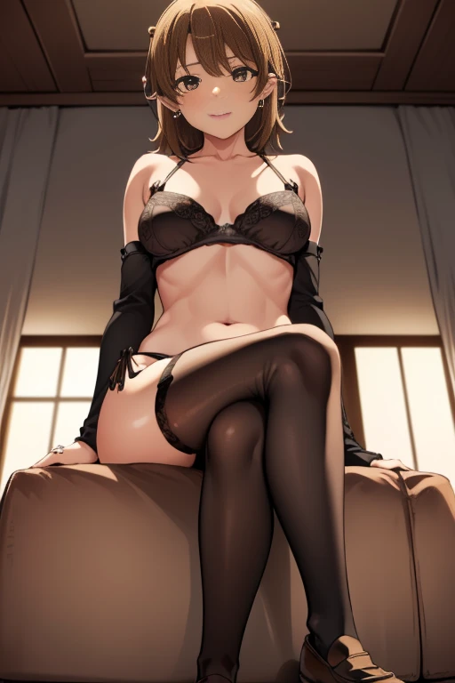 ((full body:1.4)), irohaisshikitest, iroha isshiki, short hair, brown hair, (brown eyes:1.5), ((black lingerie:1.5)), ((crossed legs:1.5)), ((black stockings:1.5)), ((wide smile1.5)), ((medium breasts:1.4)), ((blushing)), red face. ((show feets:1.5)), ((sitting on sofa:1.4)), ((round earings:1.5)), ((brown loafers:1.5)), ((hands on chest:1.5)),
BREAK, park background, BREAK (masterpiece:1.2), best quality, high resolution, unity 8k wallpaper, (illustration:0.8), (beautiful detailed eyes:1.6), extremely detailed face, perfect lighting, extremely detailed CG, (perfect hands, perfect anatomy), (((centralized:1.4)), (view from down:1.5)), ((looking down:1.5)), ((full shot:1.5))