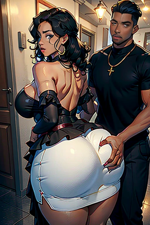 Best quality, mature woman, giant breasts, (((((giant ass))))), very curvy, dark skin, black curls do in a hairstyle, red velvet eyes, full lips, seductive, elegant dress, golden hoops, pretty necklace, long nails, guy grabbing her ass, guy groping her ass, ass grab