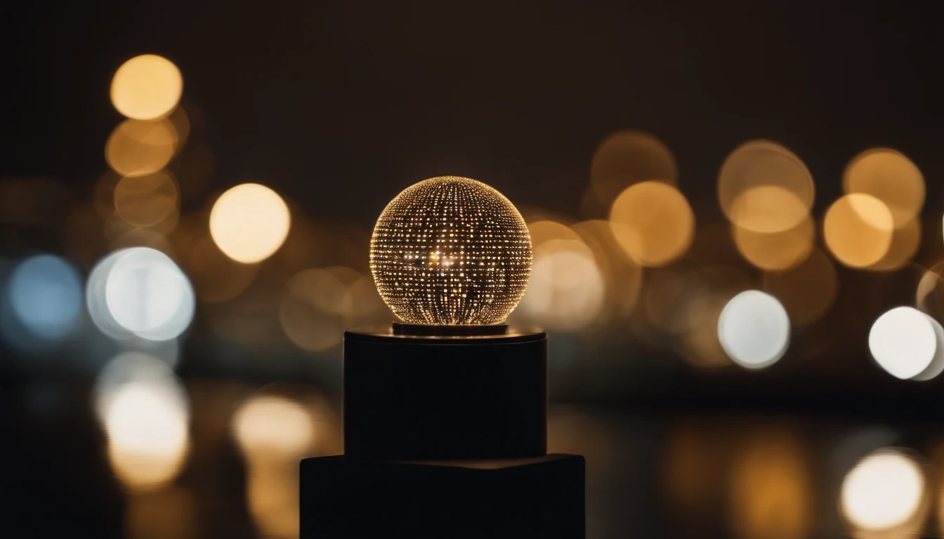 a minimalist shot of a bokeh cityscape background, with a single large circle light in focus, surrounded by smaller bokeh lights, creating a visually striking and elegant composition, perfect for a modern and sophisticated design