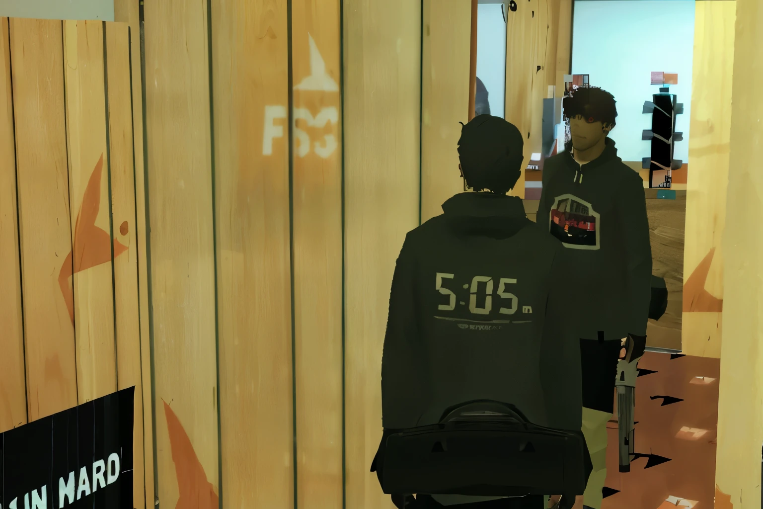 there are two men walking through a room with a clock on the wall, in game, in - game, in-game, in game graphic, [ realistic photo ]!!, persona 5 style, secondlife, detailed scene, gta, tpose, digital screenshot, in - game footage, in-game footage, gta v street style, locker room