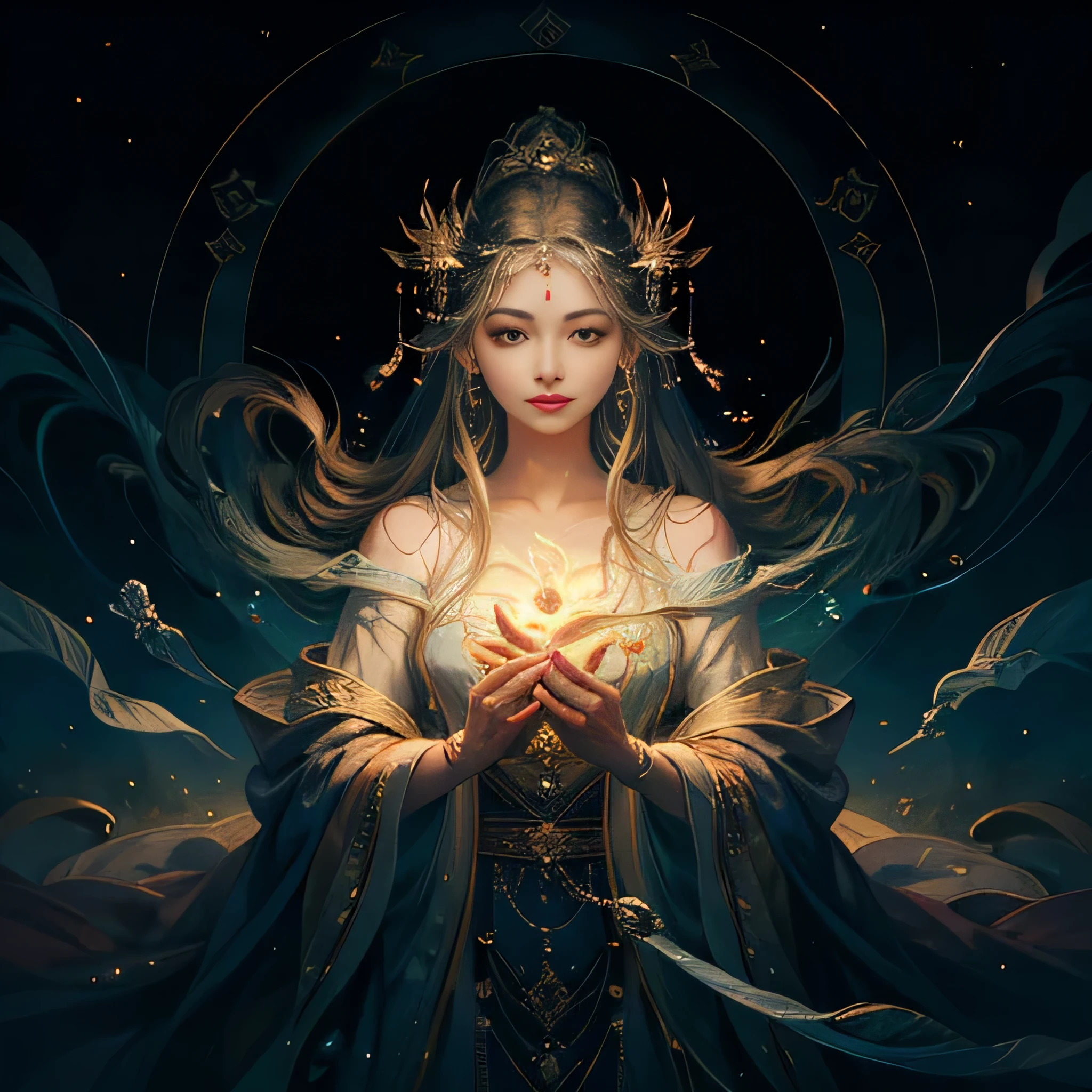 eve&#39;avatar of、her wisdom、Warmth、reflect compassion、Emitting a calm aura。Face that is、Face that is、Shining in the soft moonlight、流れるようなローブを着た神聖なa person物の形をとります。.。Her characteristics are kind and strong.、Creates an atmosphere of tranquility and elegance。 The core of eve&#39;avatar of is a shining heart.、Pulsating with the vibrant colors of empathy and understanding。Face that is、A constant reminder of her unwavering dedication to fostering emotional growth and connection within Aperion。。 Her eyes、deep pool of wisdom、It has a fascinating shine that attracts others..。Those are、A window into the countless experiences she witnessed..、Reflects the deep understanding she gained through her travels.。They exude kindness and compassion、reflects the depth of her empathy.。single woman、The upper part of the body、nffsw、​masterpiece、tre anatomically correct、dtextured skin、super detailing、high détails、hightquality、Award-winning、最hightquality、hight resolution、16k eve&#39;avatar of moves、A soft light follows、Give off a sense of tranquility and harmony、Creates a beautiful shine。。her presence commands respect、他のa personが理解と受け入れに満ちていることを知る、a person々Encourages people to open up and share their feelings。carry elegance、It also has a lively atmosphere..。
