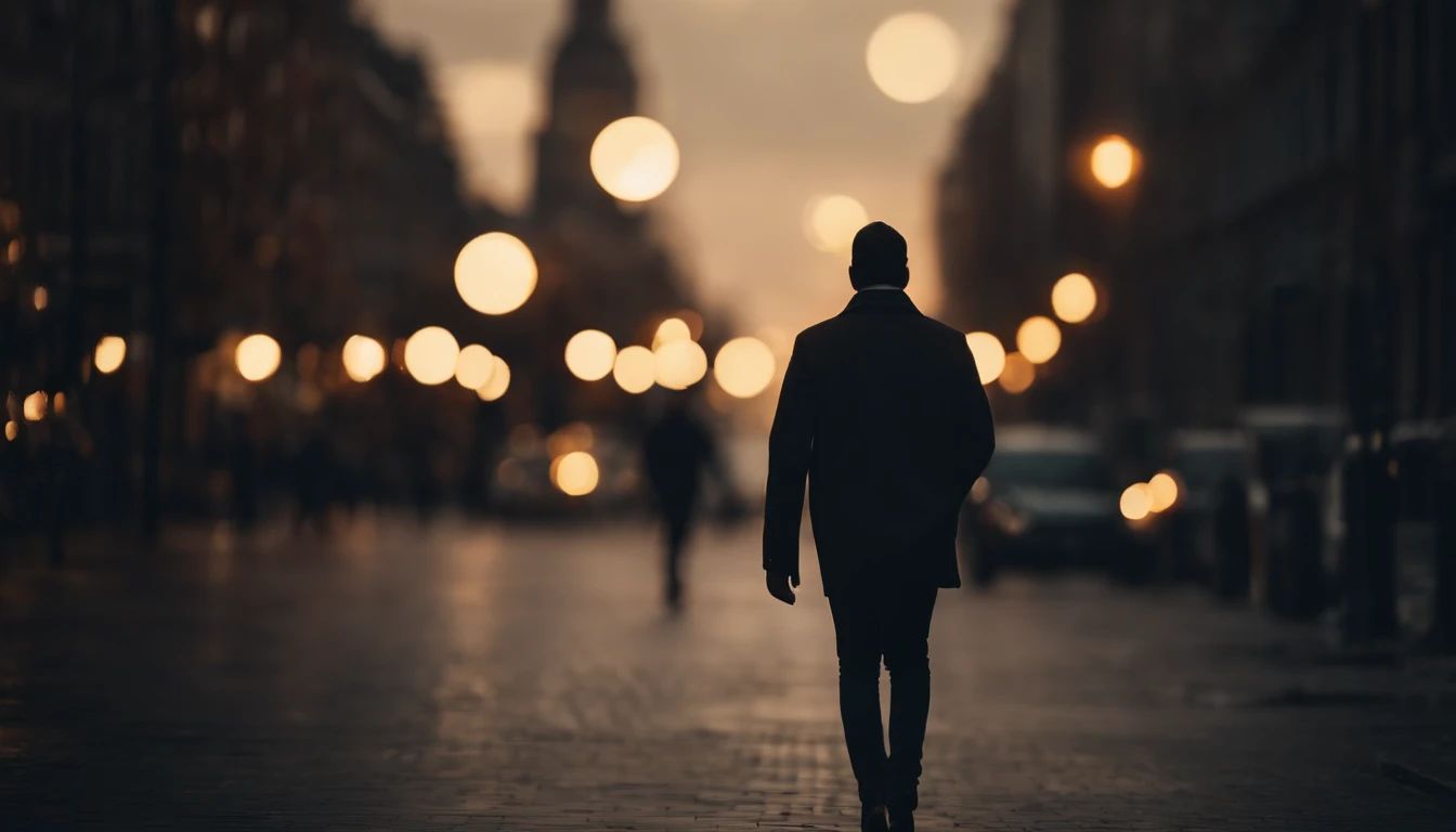 a lifestyle shot of a person walking through a bokeh cityscape background, with circle lights creating a halo effect around them, adding a sense of motion and storytelling to the design