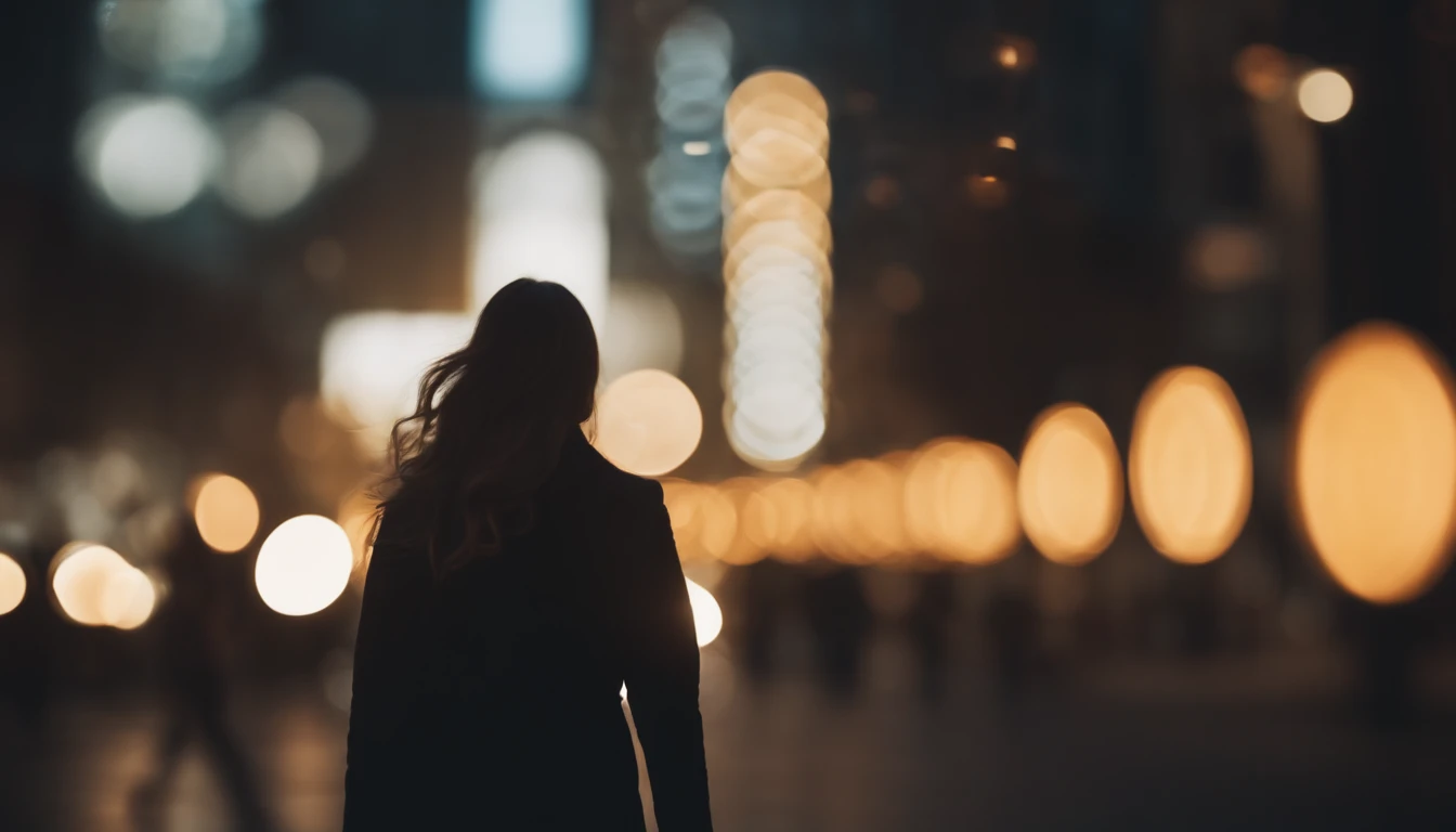 a lifestyle shot of a person walking through a bokeh cityscape background, with circle lights creating a halo effect around them, adding a sense of motion and storytelling to the design