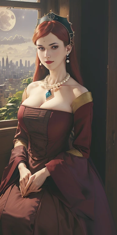 (masterpiece:1.4),(absurdre:1.4),solo,1girl,portrait,looking_at_viewer,Hilda_aiwaifu,long hair,jewelry,earrings,red hair,necklace,makeup,large breasts,pearl necklace,gem,lipstick,grey eyes,hairband,collarbone,hairband,bangs,red lips,bare shoulders,cleavage,dress,red dress,detached sleeves,strapless,tiara,long dress,strapless dress, red dress, off_shoulder,, indoors,bottle,building,city,cloud,curtains,full moon,kerosene lamp,moon,night,,picture_frame,plant,window,(sidelighting:1.2),, depth_of_field,shadow,focused,(colorful:1.221),(professional lighting:1.221),(sharp focus,scenery,:1.221),, 8K, (masterpiece,perfect face,perfect eyes:1.5),(absurdres,incredibly_absurdres:1.331),smile,happy