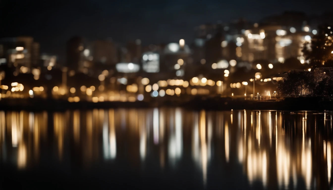 a high-resolution shot of a bokeh cityscape background, with circle lights reflecting off a body of water, creating a beautiful and serene composition, perfect for a calming and peaceful design