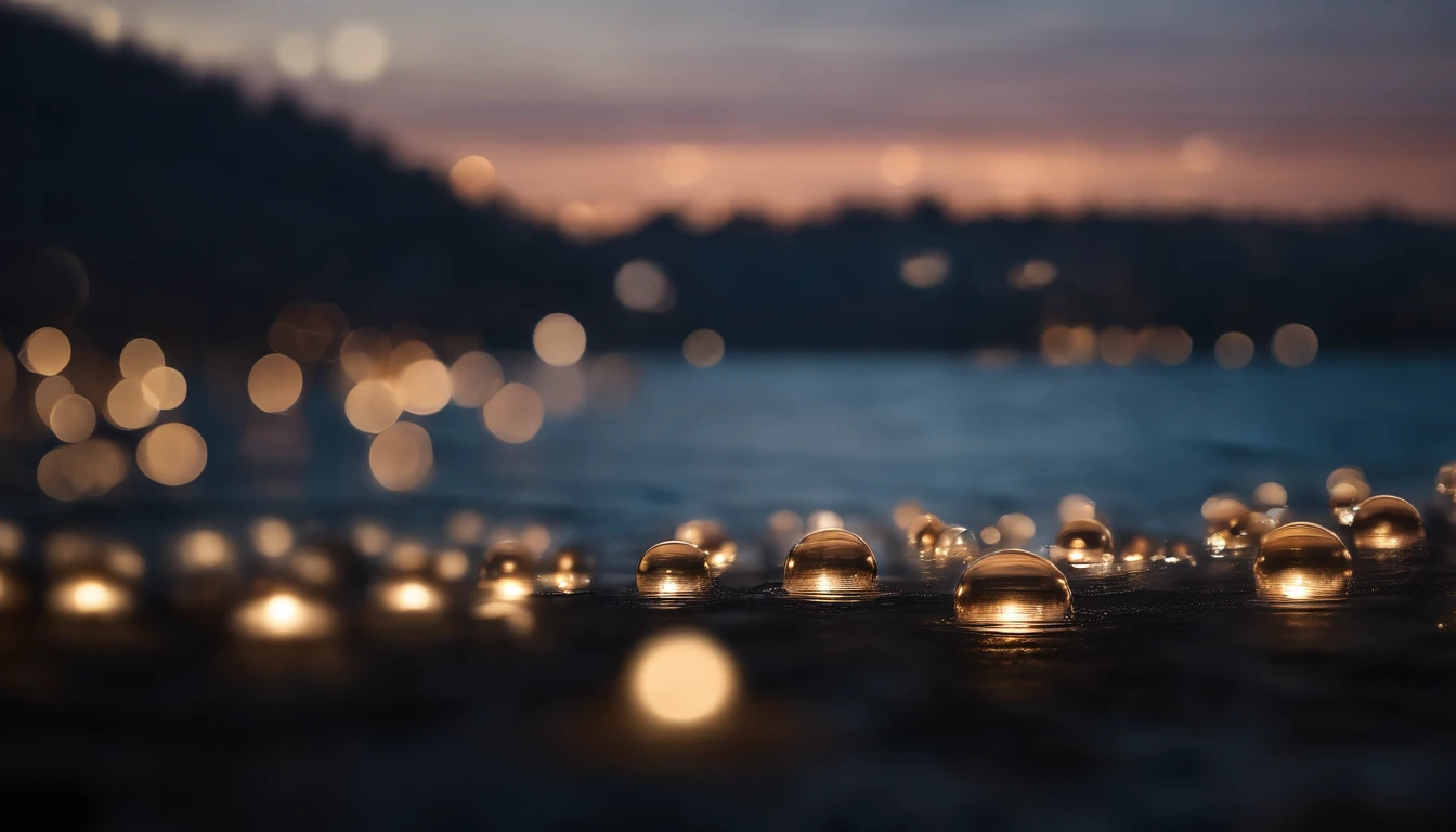 a high-resolution shot of a bokeh cityscape background, with circle lights reflecting off a body of water, creating a beautiful and serene composition, perfect for a calming and peaceful design