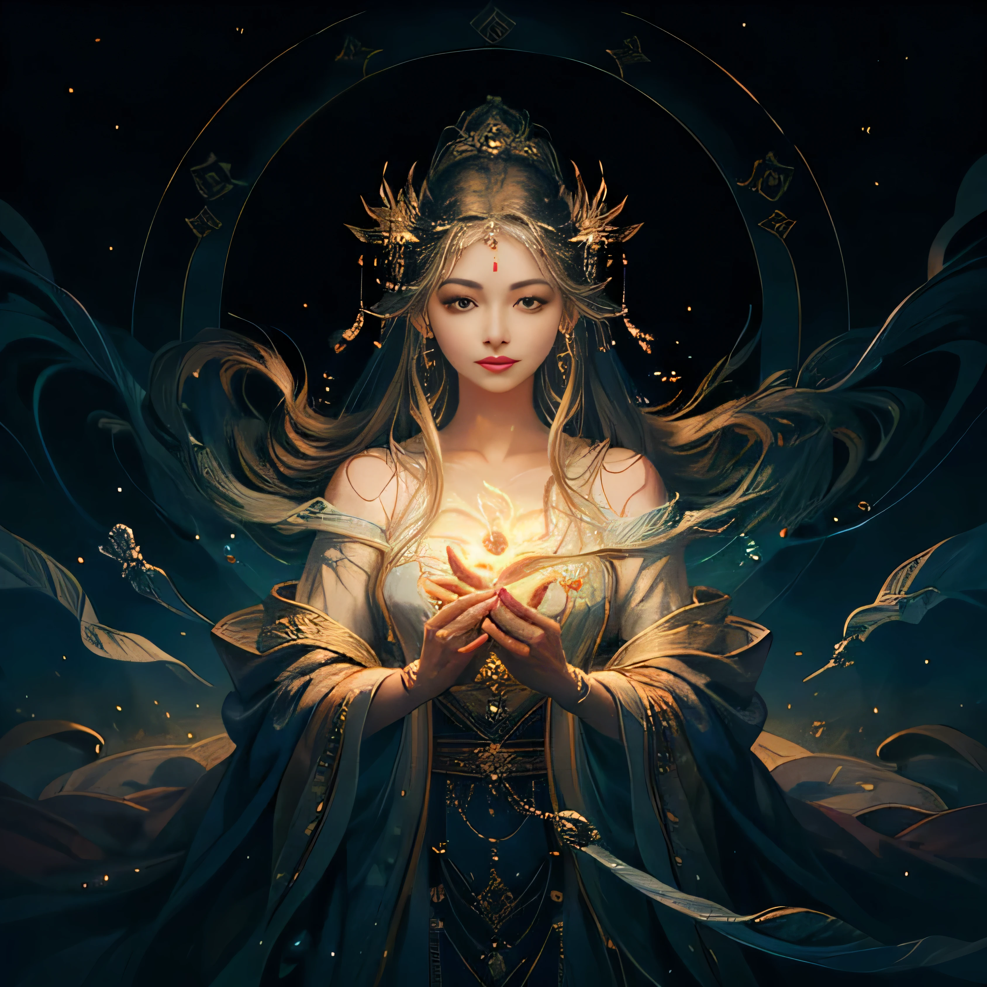 eve&#39;avatar of、her wisdom、Warmth、reflect compassion、Emitting a calm aura。Face that is、Face that is、illuminated by the soft moonlight、流れるようなローブを着た神聖なa person物の形をとります。.。Her characteristics are kind and strong.、Creates an atmosphere of tranquility and elegance。 The core of eve&#39;avatar of is a shining heart.、Pulsating with the vibrant colors of empathy and understanding。Face that is、A constant reminder of her unwavering dedication to fostering emotional growth and connection within Aperion。。。 Her eyes、deep pool of wisdom、It has a fascinating shine that attracts others...。Those are、A window into the countless experiences she witnessed...、Reflects the deep understanding she gained through her travels.。They exude kindness and compassion、reflects the depth of her empathy..。single woman、The upper part of the body、nffsw、​masterpiece、tre anatomically correct、dtextured skin、super detailing、high détails、hightquality、Award-winning、最hightquality、hight resolution、16k eve&#39;avatar of moves、A soft light follows me、give a sense of tranquility and harmony、Creates a beautiful glow。。her presence commands respect、他のa personが理解と受け入れに満ちていることを知る、a person々a person々Encourages people to open up and share their feelings。carry elegance、There is also a lively atmosphere...。