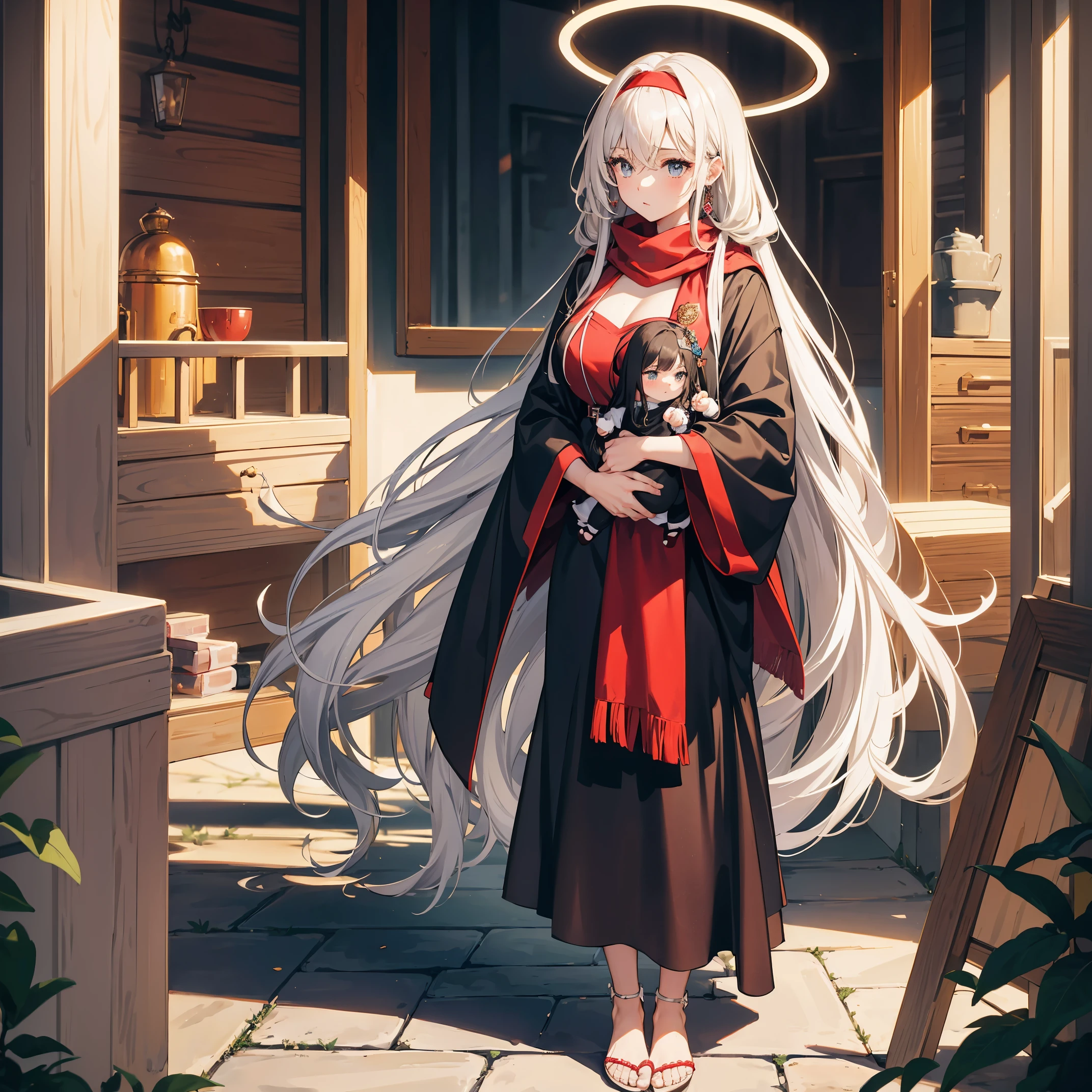 masterpiece,best quality,8k,high detailed,ultra-detailed,depth of field,female,girl,beautiful girl,single,standing,delicate facial features,perfect face,full body shot,halo,long hair,sleepy,slippers,blonde hair,black leggings,summer dress,hooded cloak,pickling,gray hair,asymmetrical bangs,large volume voluminous hair,hair between eyes,hair band,pendant,holding a baby,red scarf