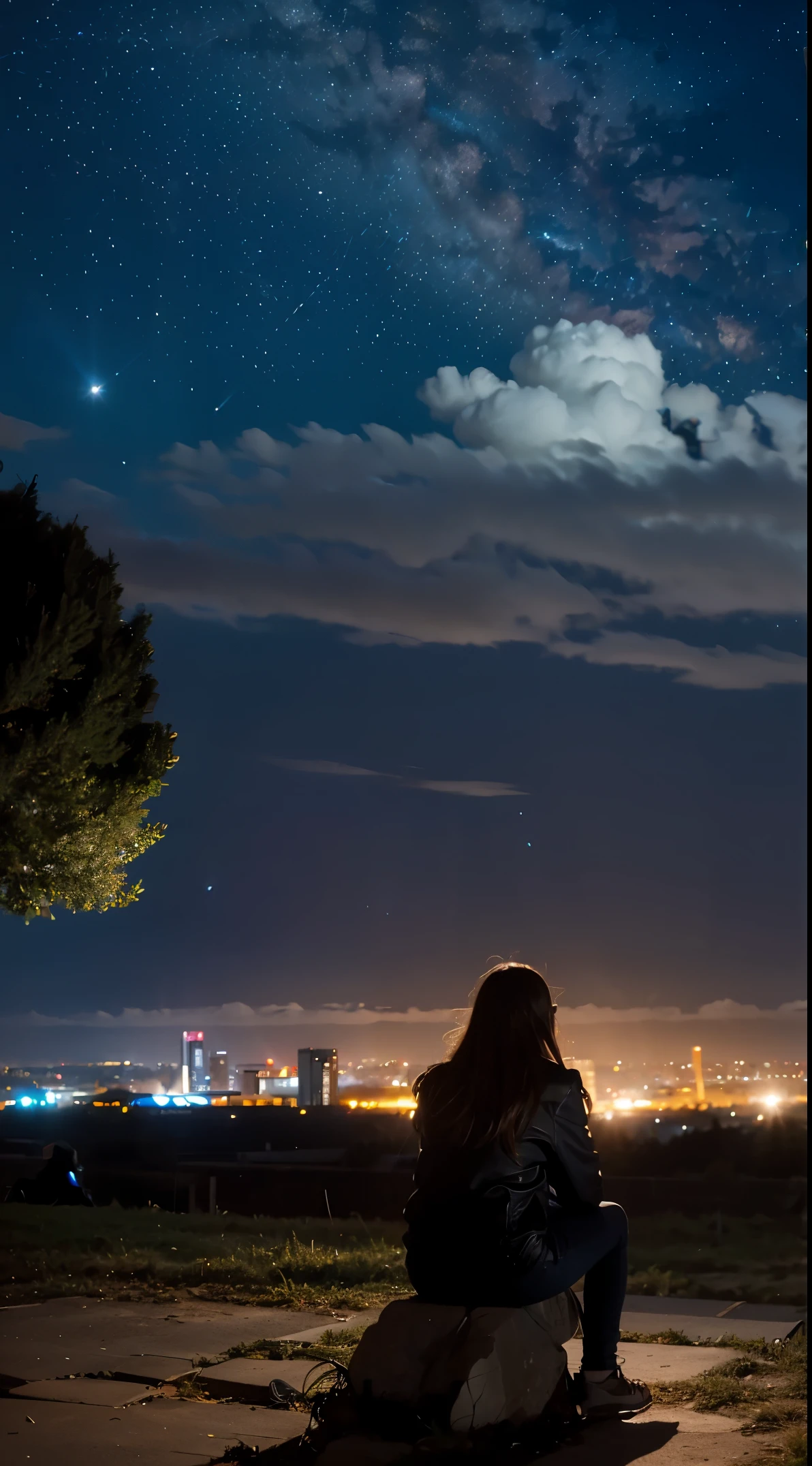 octans, sky, star (sky), scenery, starry sky, night, 1girl, night sky, solo, outdoors, building, cloud, milky way, sitting, tree, long hair, city, silhouette, cityscape