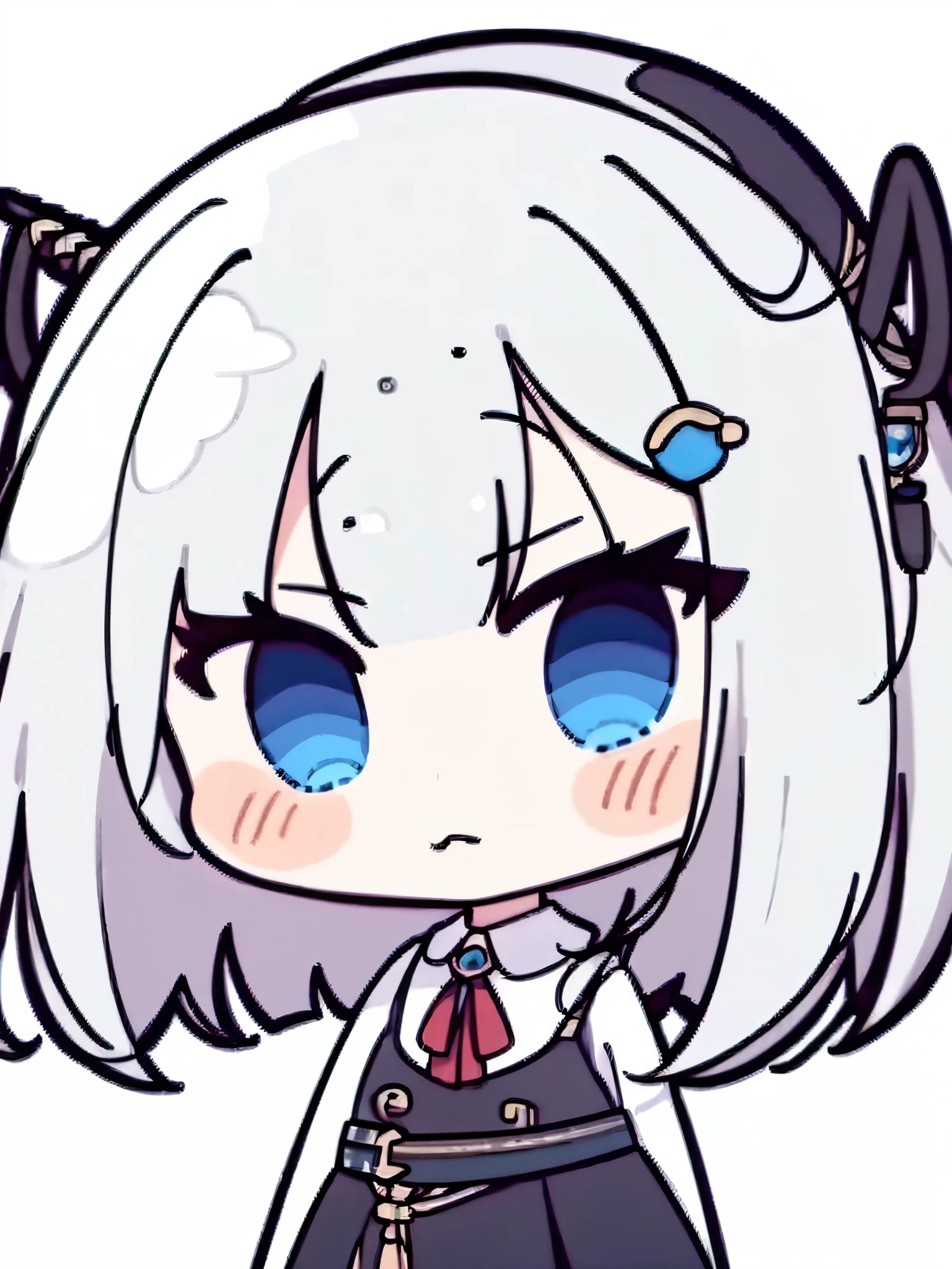 ((masterpiece, highest quality)), , 1 girl, 1girl,,long hair,blunt bangs ,two side up, silver hair, blue eyes,half closed eyes, out,two side up,:3,chibi,cute,,Are crying,,,small breasts big eyes,droopy eyes,,,Hug a big stuffed cat