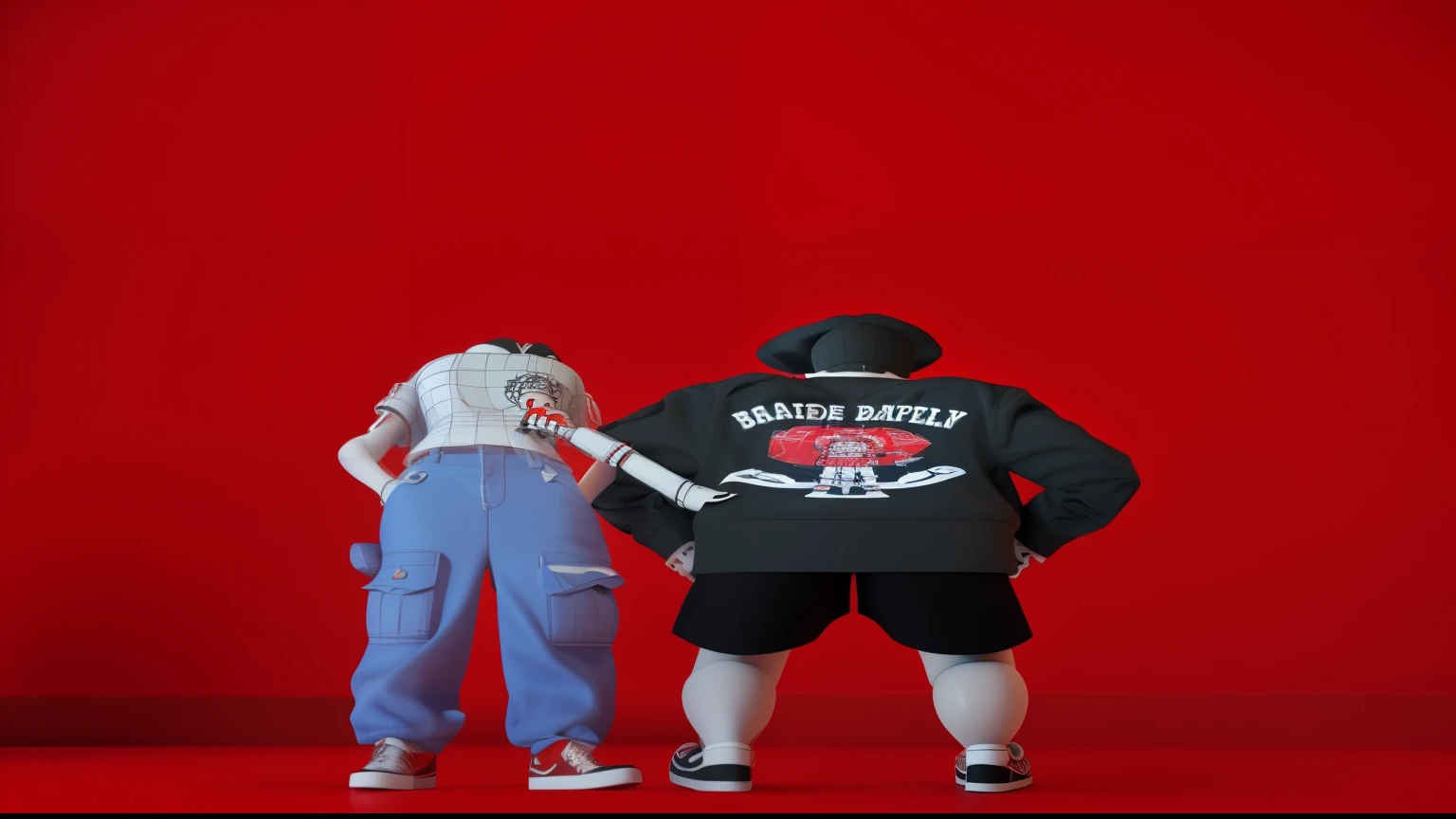 there are two people standing next to each other in front of a red wall, ska skeleton and girlfriend, in clothes! highly detailed, wearing rr diner uniform, couple pose, render, medium shot of two characters, mechanic punk outfit, ( ( ( ( 3 d render ) ) ) ), realistically rendered clothing, very detailed and rich clothing, inspired by Robert Ballagh