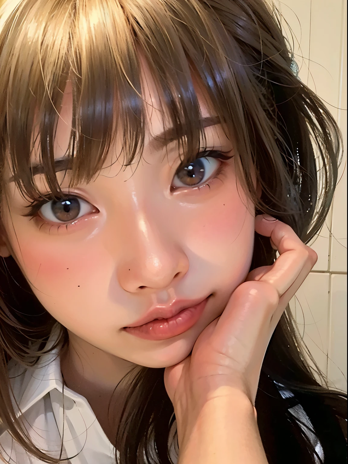 (Hyper-realistic)、(high resolution)、(in 8K)、(highly detailed)、(Best Illustration)、(top-quality)、(ultra-detail art)、(Master masterpiece)、(short-length hair、brown color hair)、(naked:1.4、nude:1.4)、(Sweat、Shiny skin)、looking at viewer、1 boy、hetero、large penis、solo focus、oral、fellatio:1.4、hand on another's head、pov crotch、:>=、deepthroat:1.4、