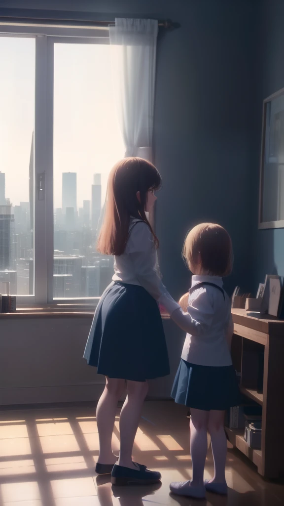 two girls in a room standing near a window, soft light, you see starry sky through the window and the night lights of the city, (best quality, 4k, 8k, high resolution, masterpiece: 1.2, ultra detailed, realistic : 1.37, HDR, UHD, studio lighting, ultra fine paint, sharp, physically based rendering, two little in a room, extremely detailed description, professional, vivid colors, fantasy, Maximum image quality, Hyperrealistic (8k ), ultra realistic, best quality, high quality, high definition
