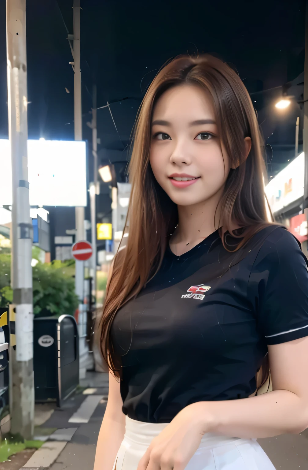 (8k, RAW photo, best quality, mastery:1.3), (realistic, photo-realistic:1.37), (looking viewer:1.331), (long auburn hair), posing, Tokyo street, nightcityscape, cyberpunk city, soft light, 1girl, extremely beautiful face , Perfect body proportions, (small face: 1.1), bust, casual hairstyle, smile, big eyes, (slip school uniform with mini skirt), mix4, detailed eyes