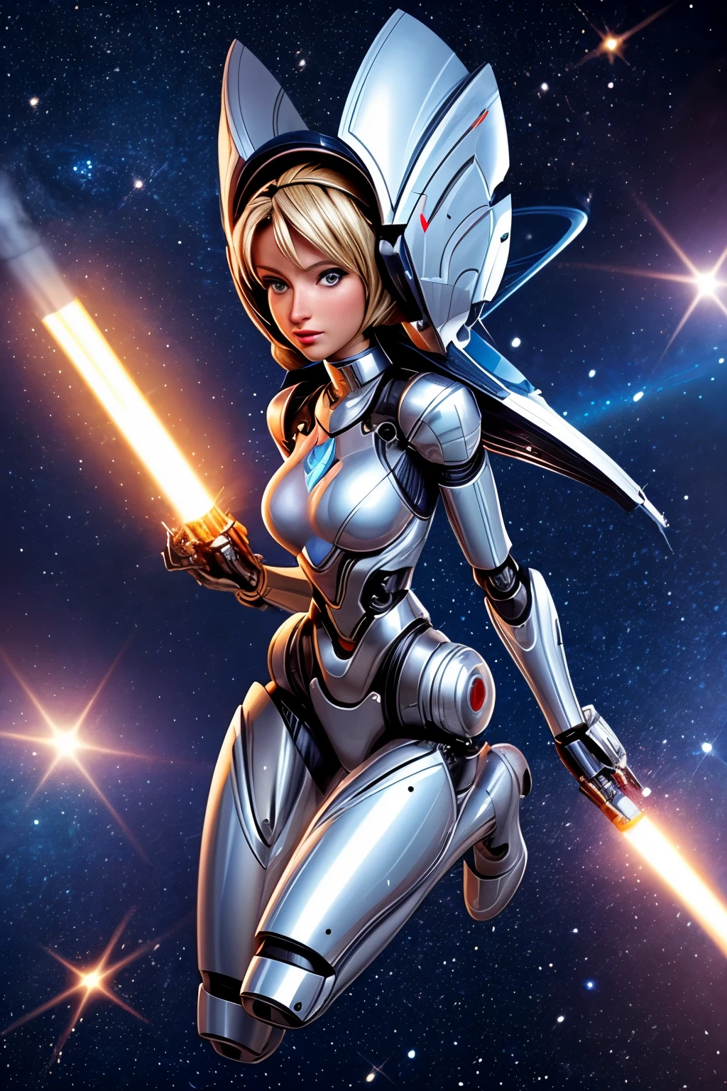 A silver robot, obviously mechanical body, who greatly resembles Paris Hilton and with a completely human face. It is carrying a large laser weapon and flying through space