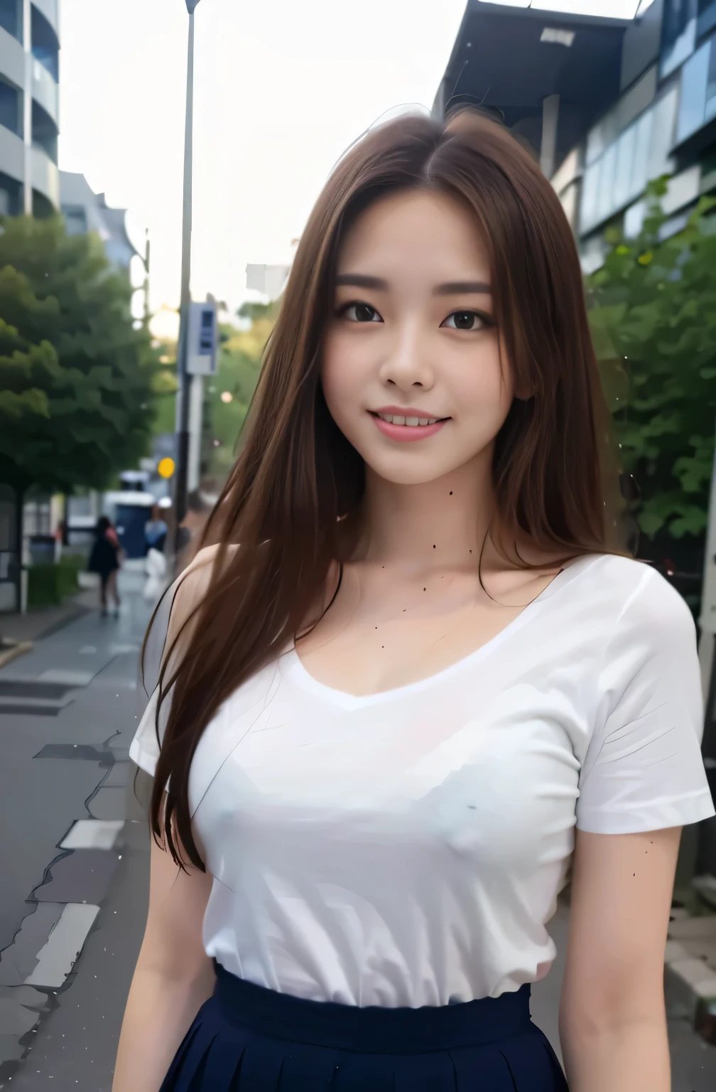 (8k, RAW photo, best quality, mastery:1.3), (realistic, photo-realistic:1.37), (looking viewer:1.331), (long auburn hair), posing, Tokyo street, nightcityscape, cyberpunk city, soft light, 1girl, extremely beautiful face , Perfect body proportions, (small face: 1.1), bust, casual hairstyle, smile, big eyes, (slip school uniform with mini skirt), mix4, detailed eyes