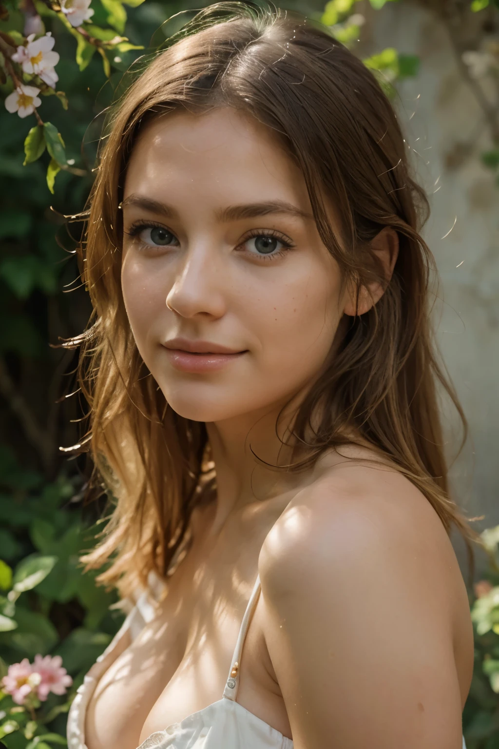 (best quality,4k,8k,highres,masterpiece:1.2),ultra-detailed,(realistic,photorealistic,photo-realistic:1.37),blonde girl,beautiful detailed eyes,beautiful detailed lips,extremely detailed eyes and face,long eyelashes,soft and flowing blonde hair,innocent smile,freckles on her cheeks,light and airy dress,natural sunlight,joyful and carefree expression,vibrant colors,impressionistic brush strokes,romantic atmosphere，lush green garden background,flowers in bloom,butterflies dancing in the air.
