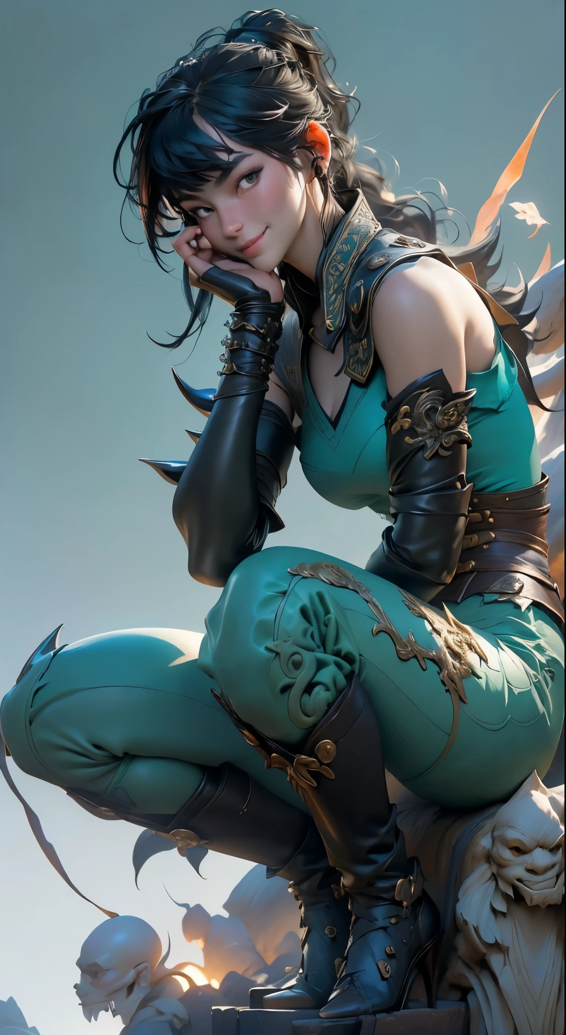 01_Green wooden dragon. Chinese style. Sculpture. A wooden sculpture, next to a cool girl in a leather corset, long dark hair, high black leather jackboots, black gloves on her hands, and metal spikes on her shoulders. Rock star, super beauty against the background of a sculpture made of wood, a green dragon - in the Chinese style., 02_ Highly detailed textures, the highest quality (Girl with white skin, in black boots with spikes and a corset (cool-sexy). Side lighting, warm light, cold shadows. Chiaroscuro, contrasting shapes, volume, and depth of the image. Slight blur in the background Dust squeaks underfoot, an old wooden sculpture, and soft lighting., 03_Highest quality, cinematic rendering. The epic setting, Chinese-style sculpture, and one character - a girl. Contrast lighting, warm light, soft - deep cold shadows. Ocher, seppia, cold lateral reflex. (Dark leather, metal, and several colors decorate the composition). The highest 3D rendering, cinema, animation, masterpiece. Unrea, black hair, french braid, crossed bangs, long hair, ponytail, smile, open mouth, Surrealism, Color Field painting, chiaroscuro, depth of field, cinematic lighting, drop shadow, UHD, retina, masterpiece, anatomically correct, textured skin, super detail, high details, high quality, award winning, highres, 16k