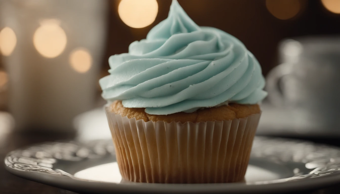 Capture a detail shot of a perfectly frosted cupcake, showcasing the intricate piping work and decorative elements that make it a visually appealing and sweet snack