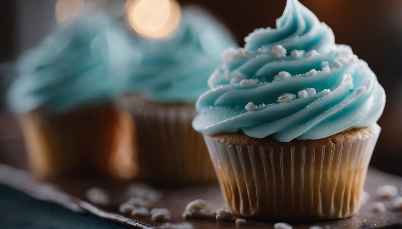 Capture a detail shot of a perfectly frosted cupcake, showcasing the intricate piping work and decorative elements that make it a visually appealing and sweet snack