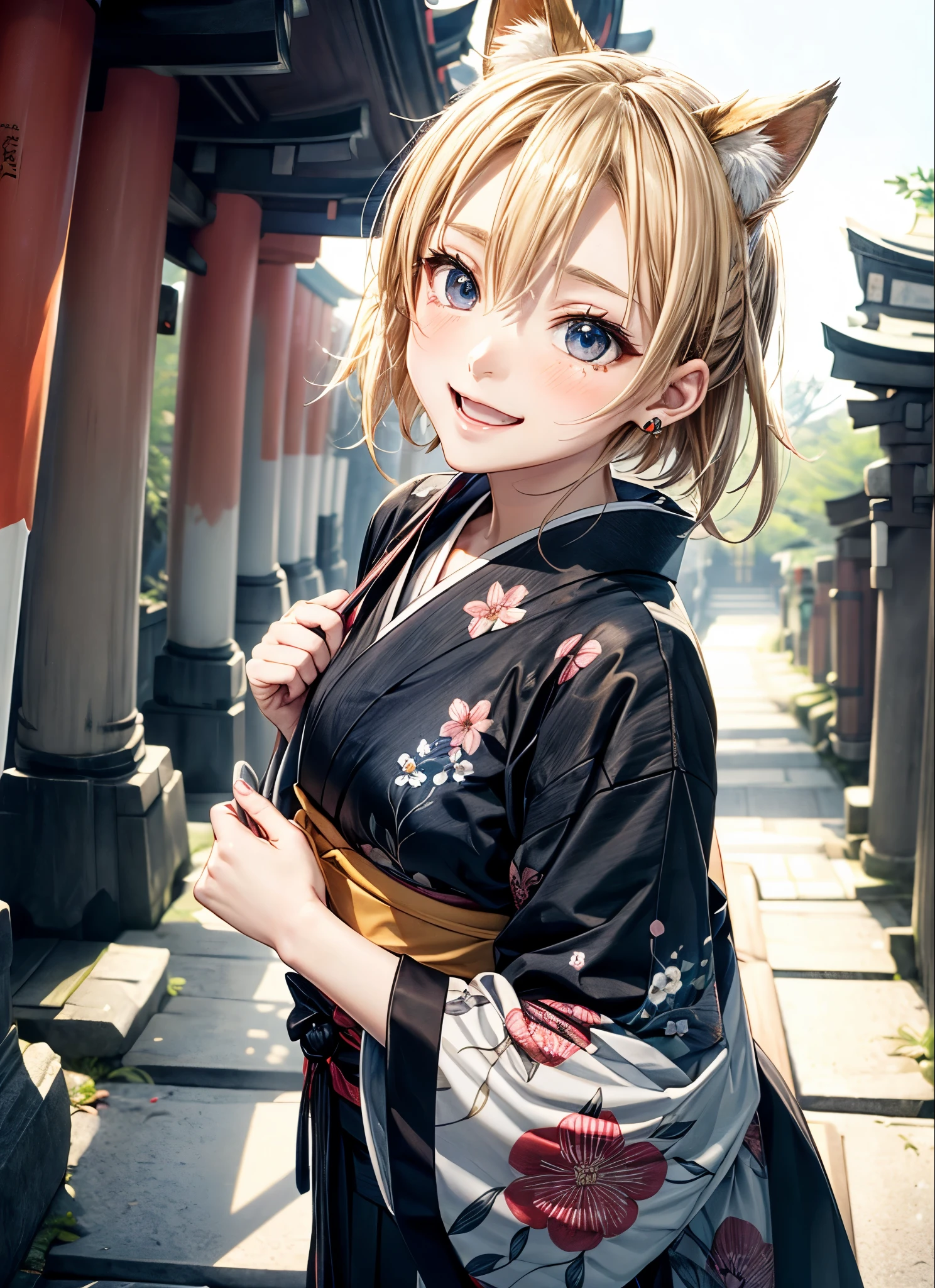 Melody Mark,of the highest quality, Best Masterpiece, ultra-detailliert,(Fushimi Inari Taisha Shrine:1.5),(1 fox girl), (Jet black and floral patterned Japanese clothes:1.4),(It's snowing:1.1), (look up sky:1.3),(cheerful and happy face:1.3), A little tears,red blush, (blonde short low tail: 1.4), Shiny hair,  (Deep Blue Eyes:1.4), Small earrings, Small necklace,Sunlight,light reflections ,Kemomimi