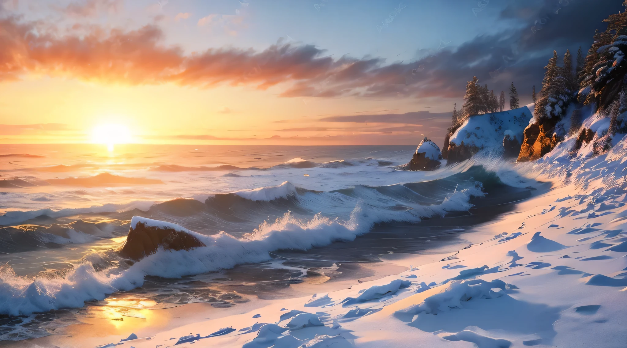 a beautiful sunset over the ocean with waves crashing on the beach, warm beautiful scene, frozen sea, inspired by Igor Kieryluk, beautiful sea landscapes, magnificent background, by Alexander Kucharsky, cold sunset, inspired by Phil Koch, marc adamus, photorealistic landscape, inspired by Igor Kufayev, winter setting, beautiful snowy landscape, icy landscape