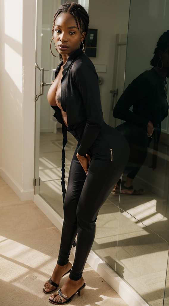 ((African girl)) , in a backless jumpsuit, standing in front of the wall